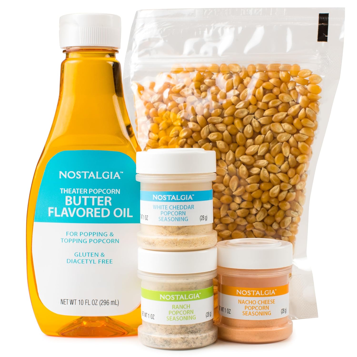 Nostalgia Gourmet Popcorn All-In-One Supply Kit - Includes 1 Lb. Bag of Kernels, 8 Oz. Butter-Favored Soybean Oil, and 3 1 Oz. Seasoning Jars - White Cheddar, Ranch, and Nacho Cheese Flavors