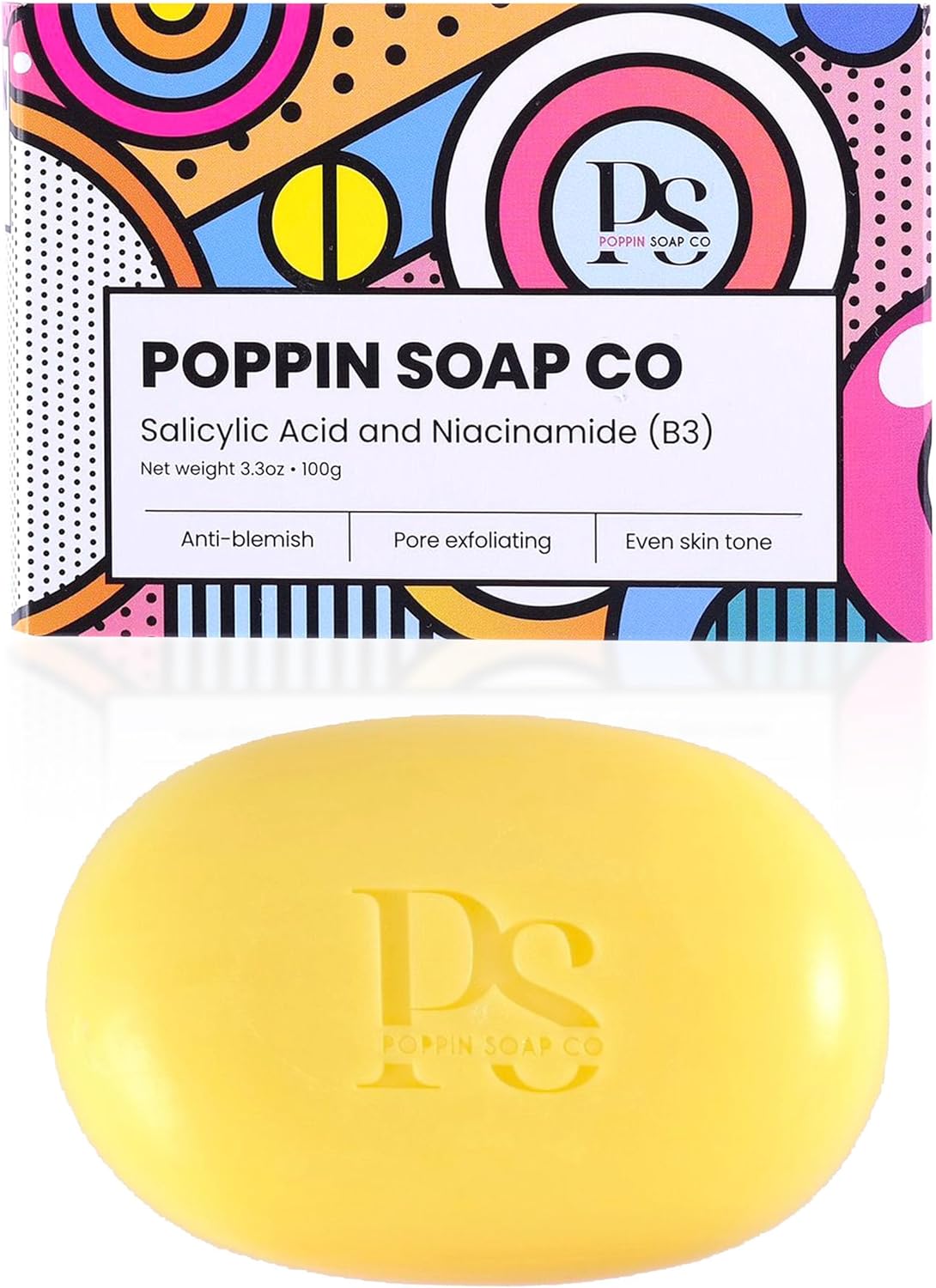 Salicylic Acid Soap Bar with Niacinamide – Face, Back & Body – For Blackheads, Blemishes, Oily & Acne-Prone Skin – UK Formulated & Manufactured – Daily Use – POPPIN SOAP CO. (100g)