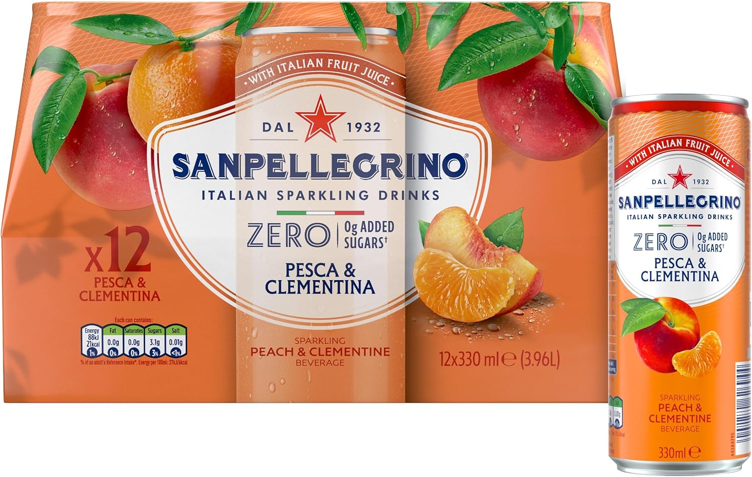San Pellegrino Italian Sparkling Drinks Zero Sparkling Peach & Clementine Canned Soft Drink 12 x 330ml, 21kCals per can