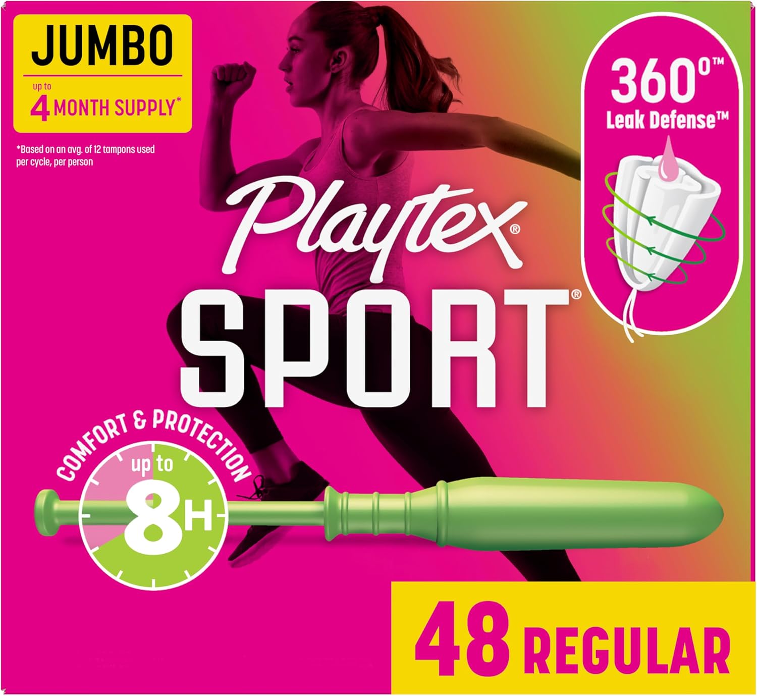 Playtex Sport Tampons Regular Absorbency, Fragrance-Free - 48ct | Regular Tampons for Women, Feminine Care, Playtex Tampon with 360 Leak Defense