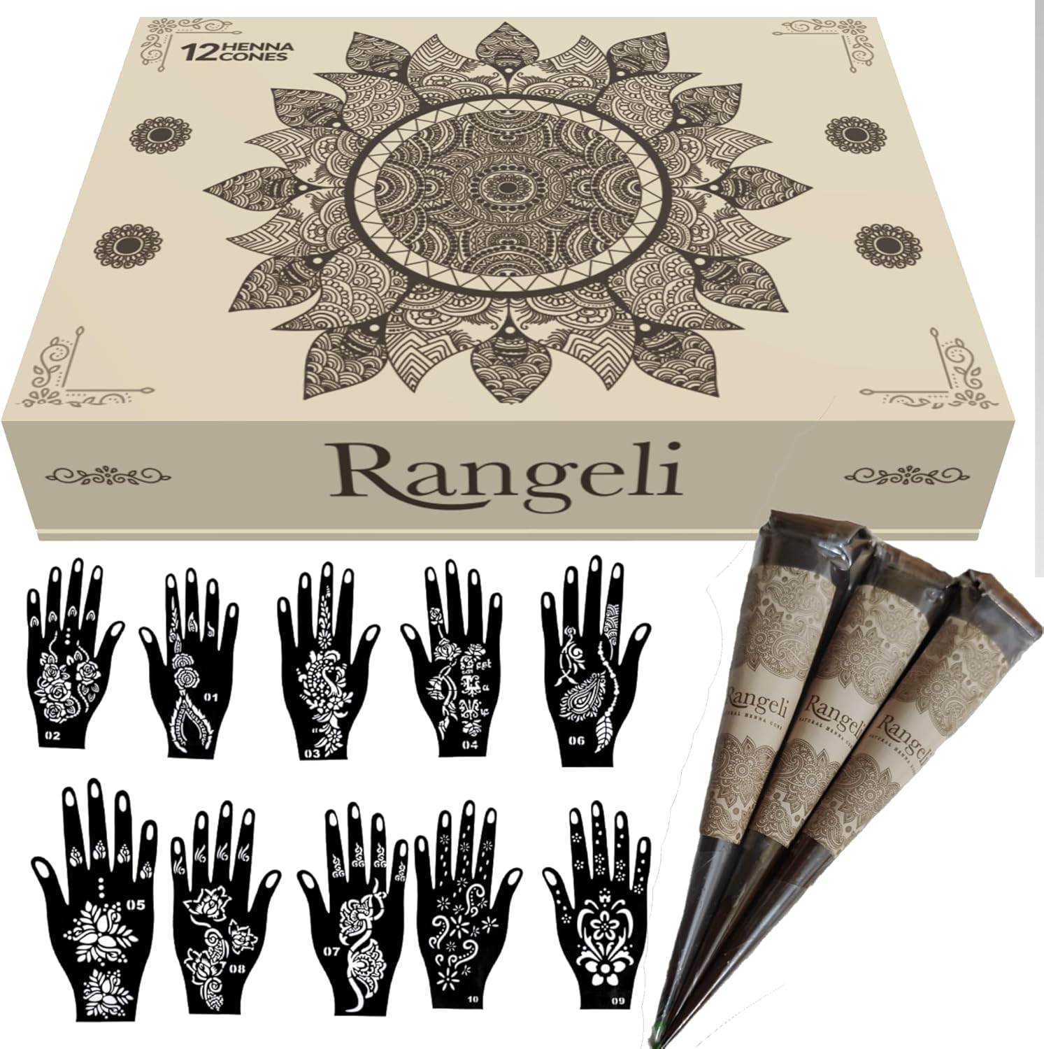 Rangeli 100% Natural Henna Cones with Stencil Kit, Ready to Use Suitable for Temporary Tattoo Weddings and Festivals, Chemical-Free Reddish-Brown Mehandi Cones, Pack of 12