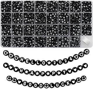 Amaney 1600pcs Black Letter Beads 4x7mm Round Acrylic Alphabet A-Z Number Star Smiley Beads and Heart Pattern for Jewelry Making