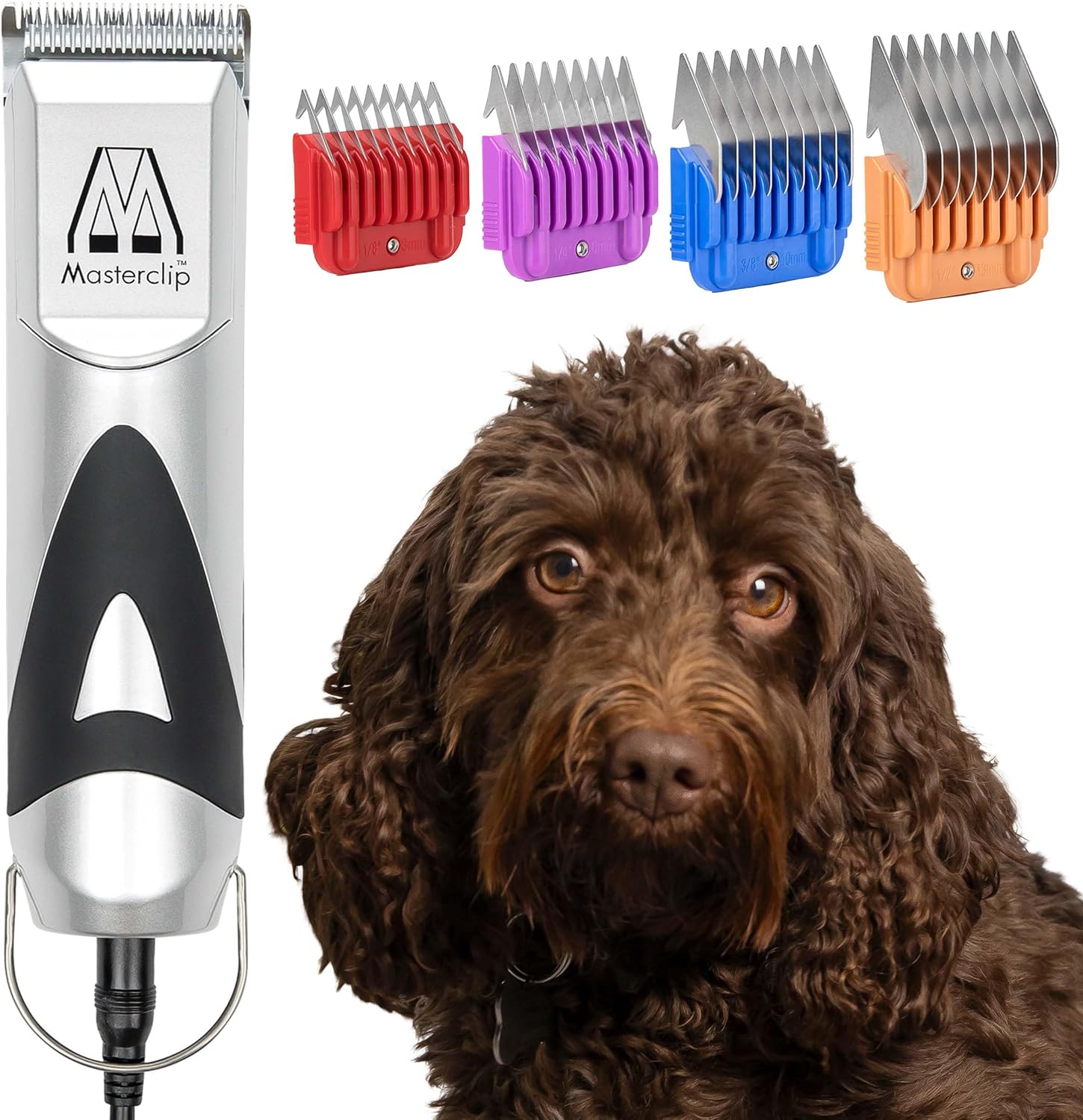 Masterclip Dog Clippers for Cockapoo, Cavapoo, Cavachon, Labradoodle & Poodle. Mains Powered Dog Clippers with #10 & 3mm, 6mm, 10mm, 13mm Comb Guides
