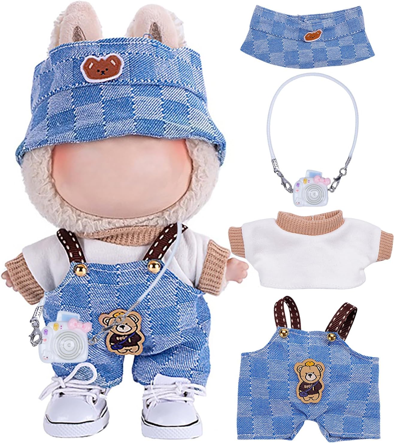 4pcs Handcrafted Doll Clothes Set for 15cm/17cm Labubu Dolls (No Doll, No Shoes), Cute and Premium Outfits Accessories, Stylish Clothes for Boys Girls Birthday Collectors (Blue Overalls Set) AK053BL
