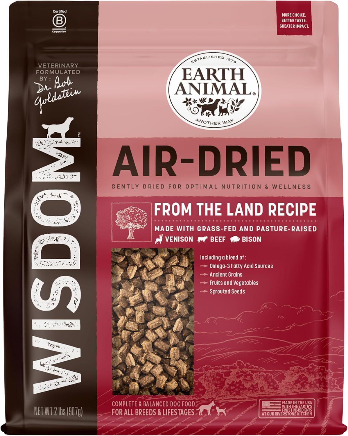 Earth Animal Wisdom Air Dried Dog Food | From The Land Recipe Premium Natural Dog Food | Venison, Beef, Bison | All Breeds & Ages | Made in The USA | 2 Pound Bag
