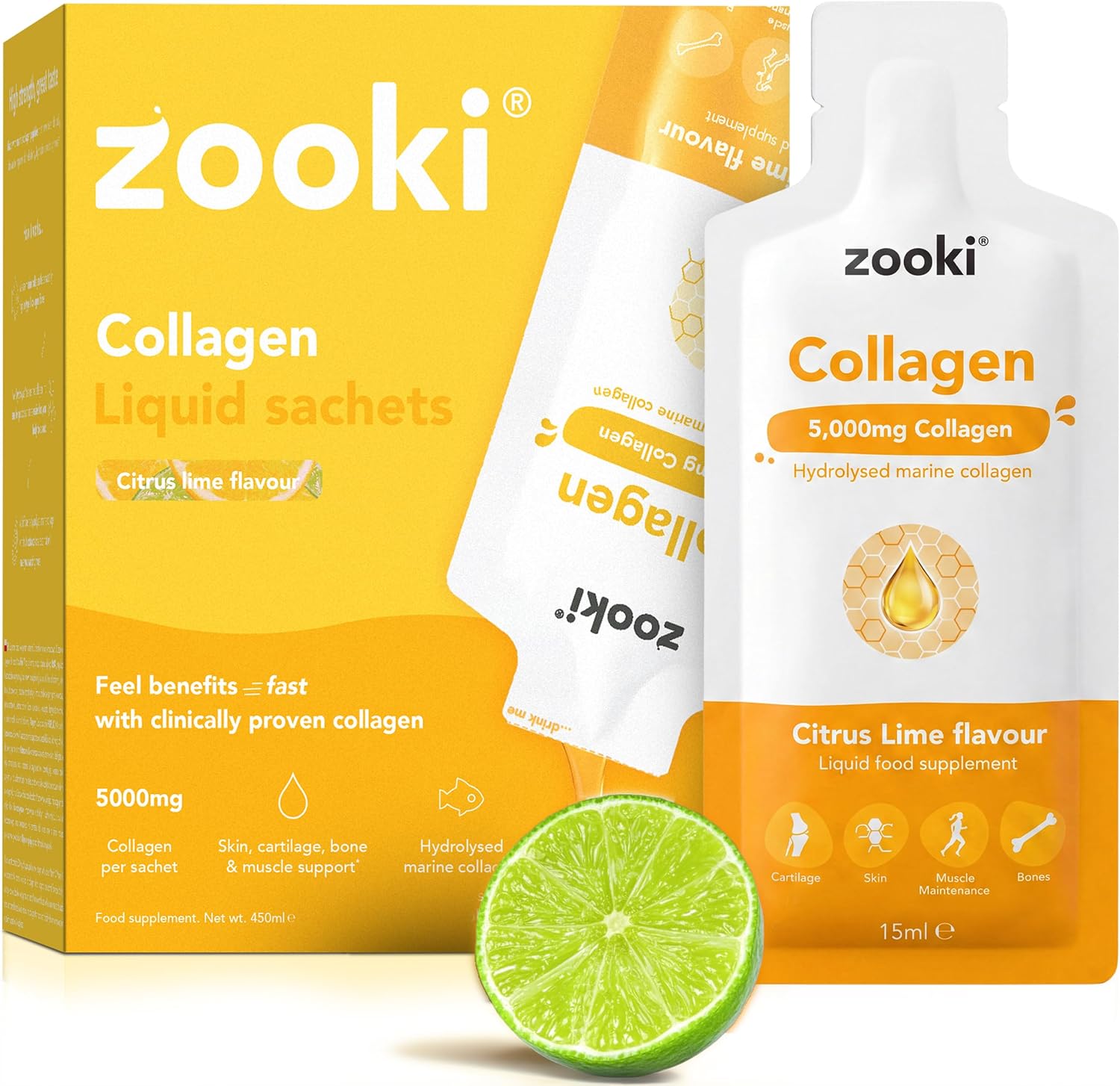 Zooki Marine Collagen 5,000mg Liquid Sachets, Citrus Lime, 14 Servings