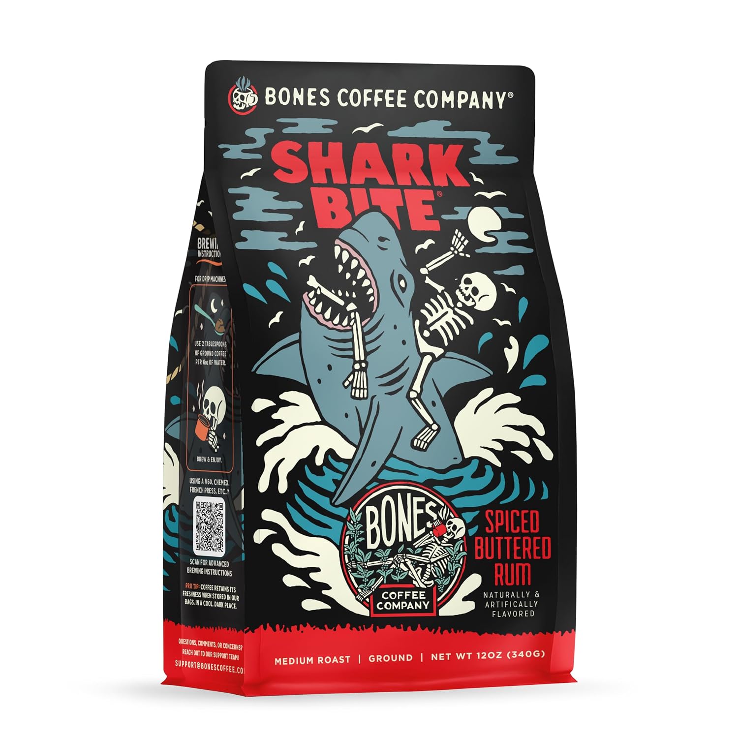 Bones Coffee Company Shark Bite, Buttered Rum Flavored Coffee, Medium Roast Low Acid Arabica Beans Compatible with Auto drip and French Press Coffee Maker, 12 Oz Ground