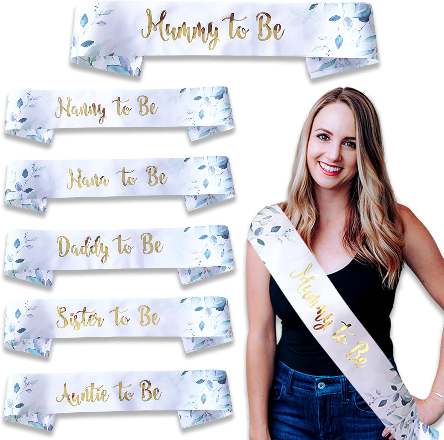 Satin Sister to Be Sash – White with Gold Text & Botanical Flowers – Neutral Unisex Baby Shower Sash for Big Sisters – Party Decoration & Keepsake Gift