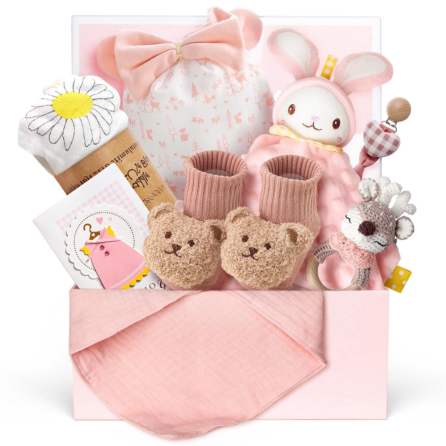10 PCS Baby Gift Set for Girls, Newborn Essentials Stuff Baby Girl Gifts, Baby Girl Gift Basket, Gender Reveal Gifts Basket with Rattle Swaddle Blanket