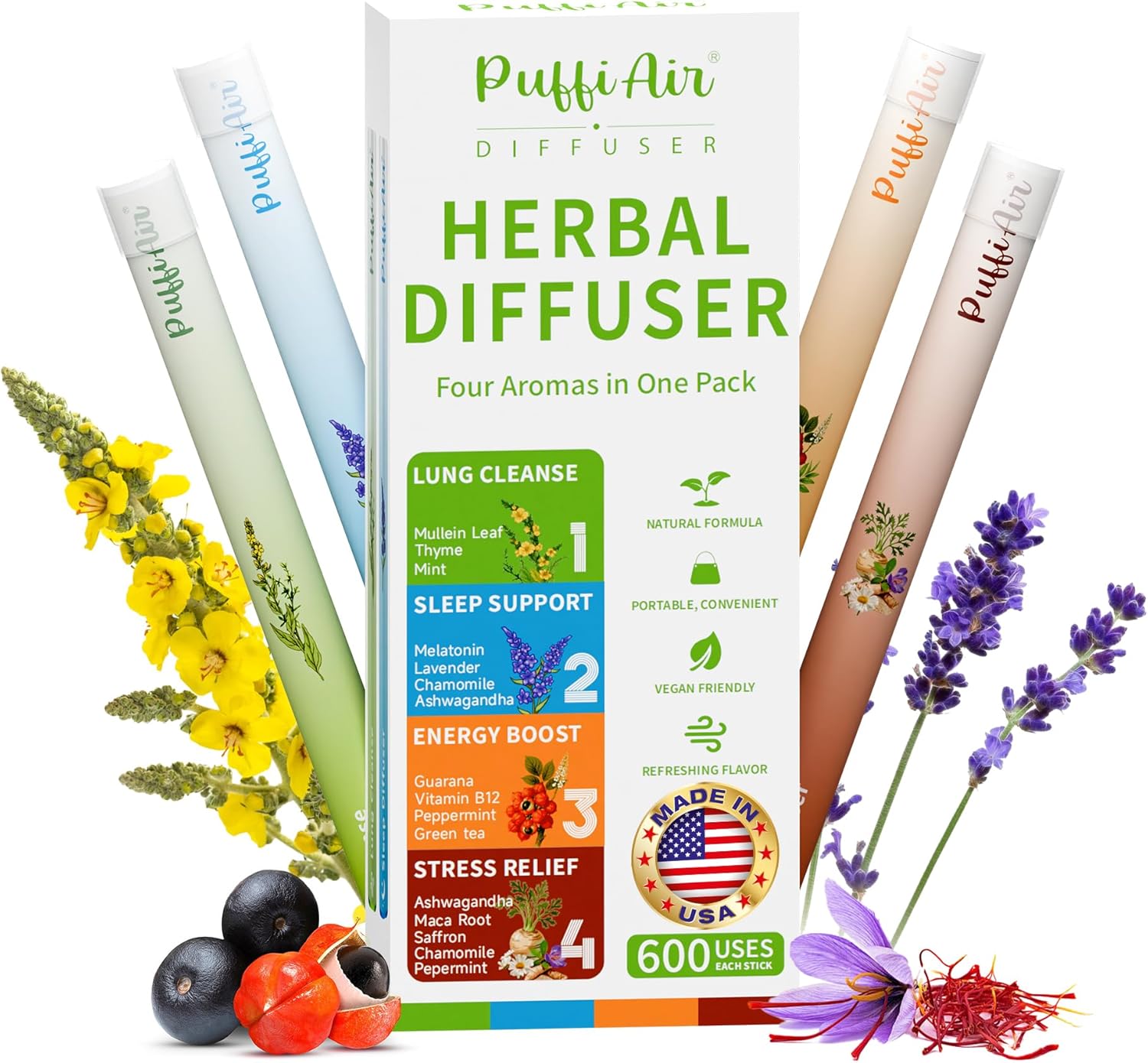 PUFFIAIR Herbal Diffuser Pen 4 Pack, Clean Botanical Aromatherapy Diffusers, Four Aroma Variety Set, Cool Mint & Herbal Scents, Smooth Daily Experience, Up to 600 Uses Each