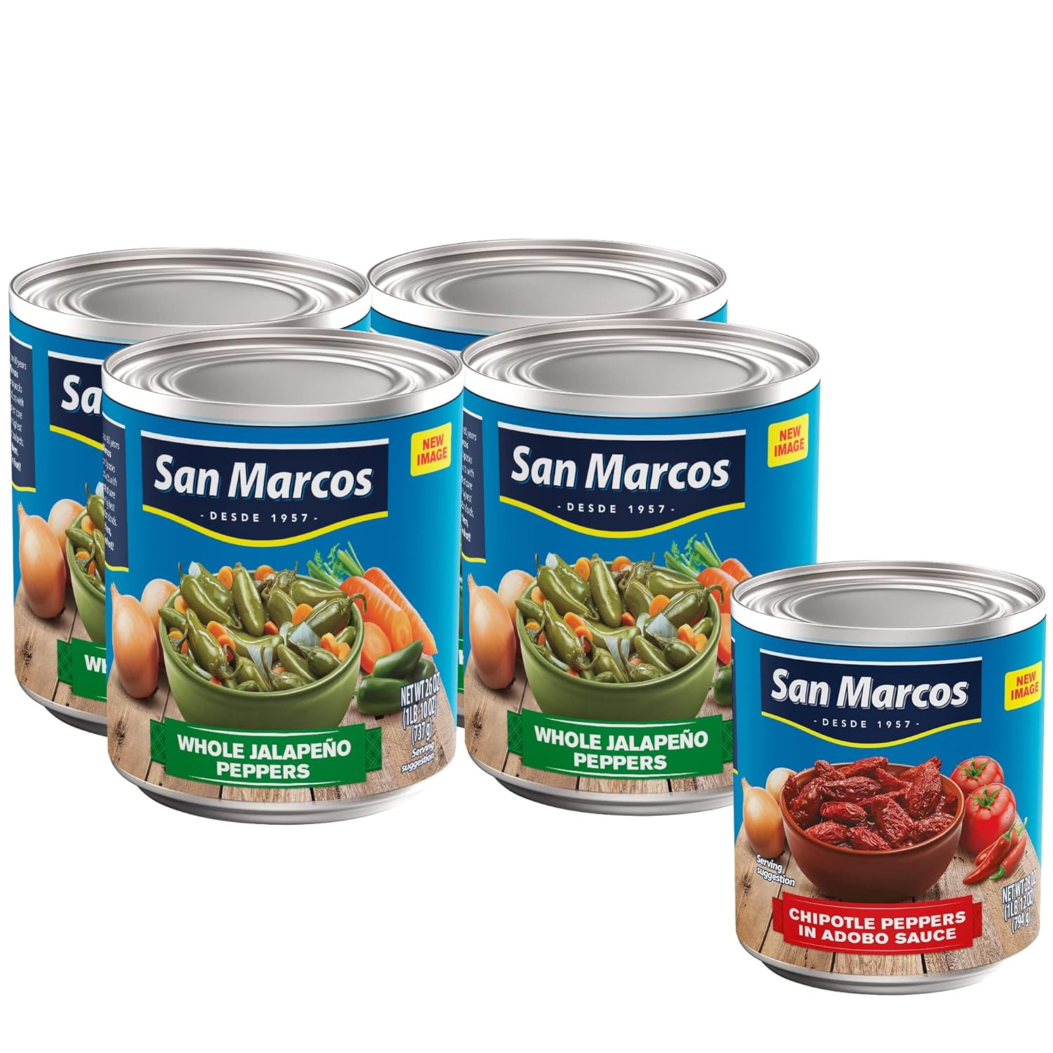 4 x San Marcos Whole Jalapeno Peppers, 26 oz and 1 x San Marcos, Chilpotle In Adobo Sauce, 7.5 Ounce