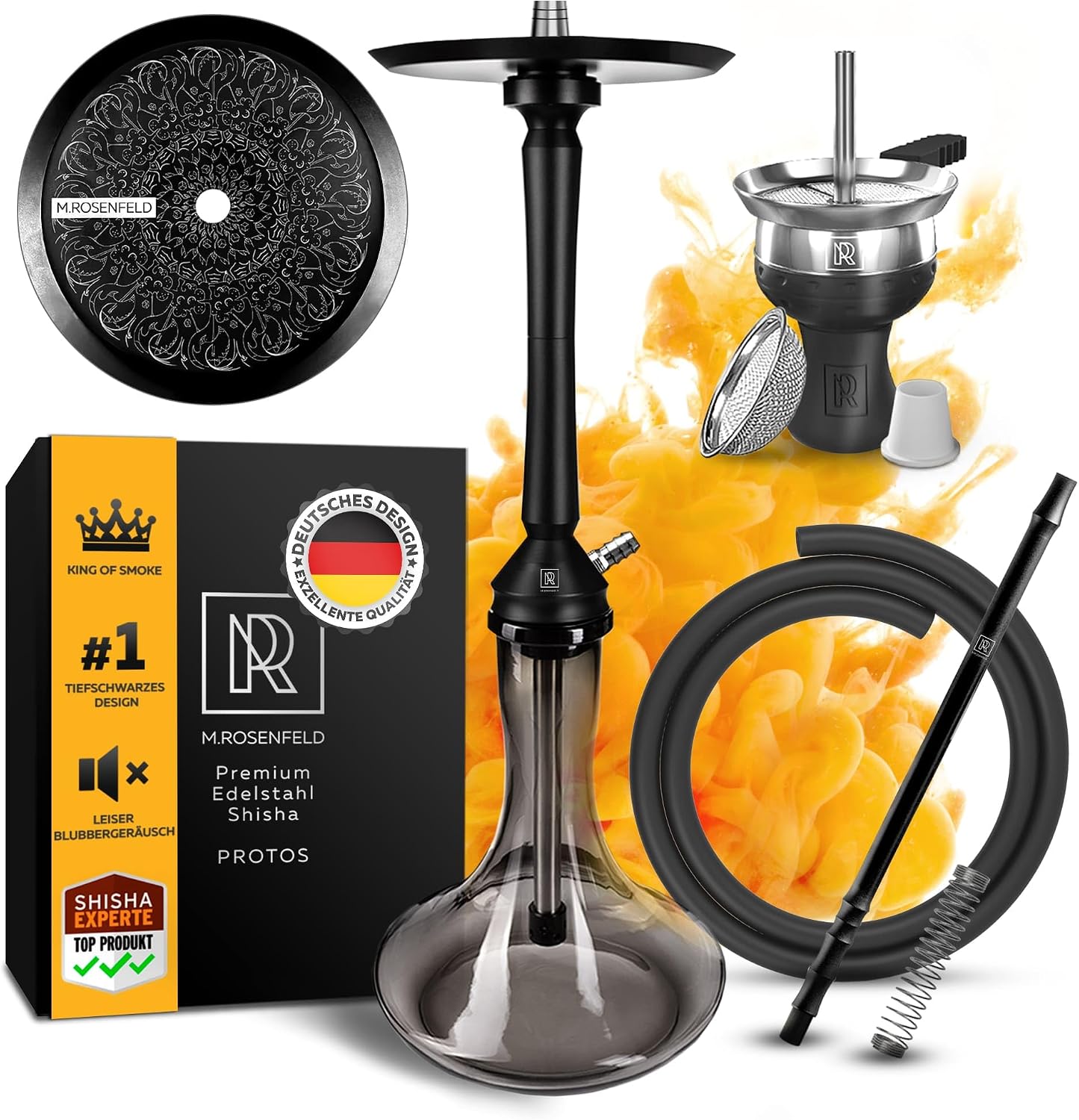 Shisha Set Black - 75 cm Water Pipe Shisha Set with Plug-In Bowl, Cool Drain System, Closed Chamber, Stainless Steel Immersion Pipe, Chimney Head, Shisha Hose Set M. ROSENFELD