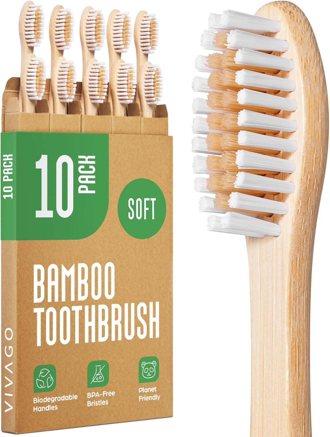 VIVAGO Bamboo Toothbrushes 10 Pack - BPA Free Soft Bristles Toothbrushes, Eco-Friendly, Natural Wooden Toothbrush