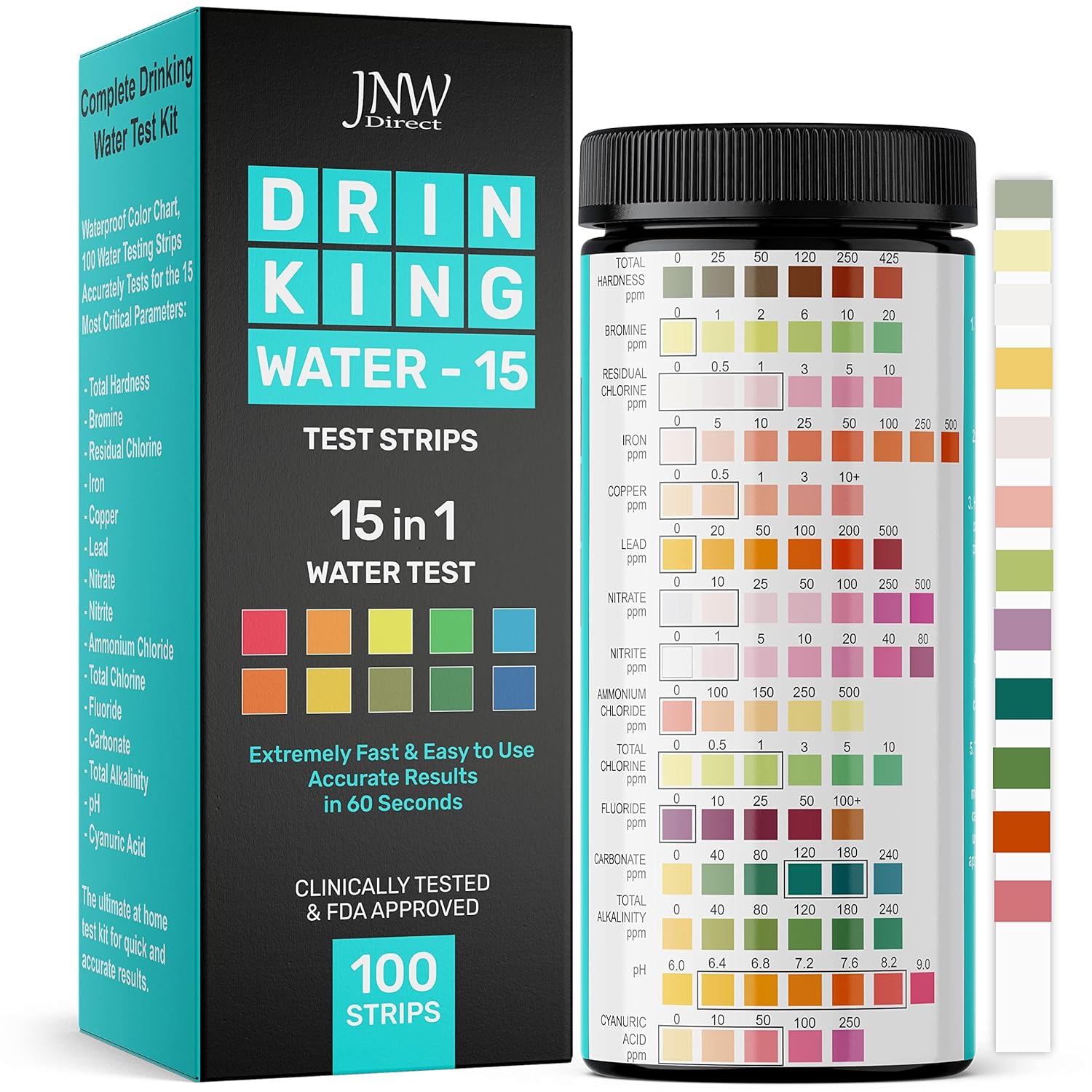 JNW Direct 15-in-1 Drinking Water Test Kit - 100 Strips - Quick & Easy Water Testing Strip for Lead, Alkaline, Chlorine, Hardness, Iron, Fluoride, Copper & More