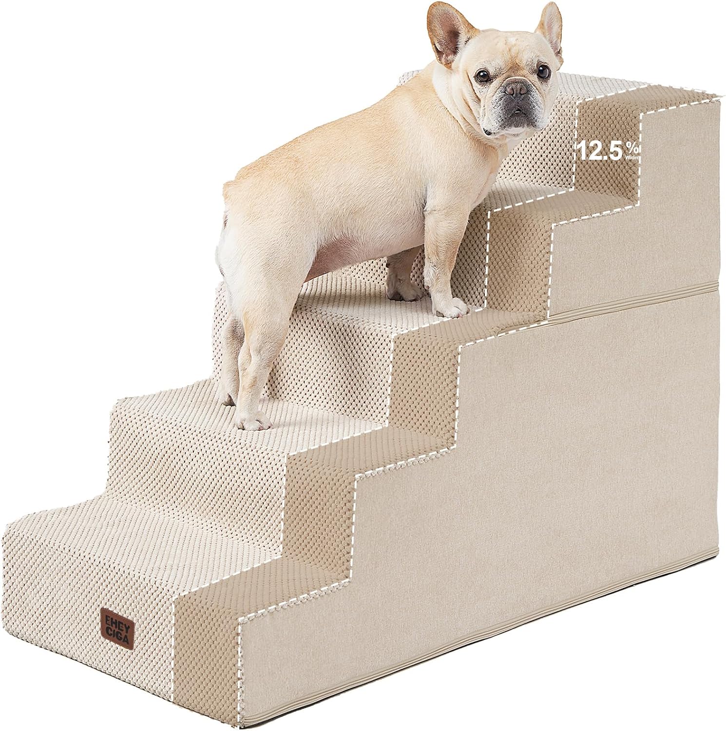 EHEYCIGA Dog Stairs for Bed 22.5" H, 5-Step Extra Wide Dog Steps, Beige
