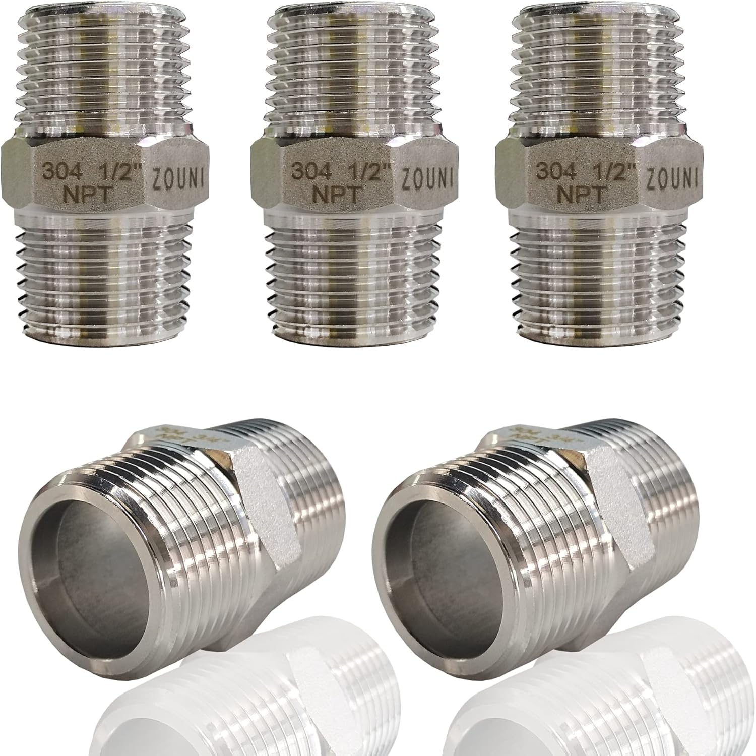 ZOUNI 5PCS Hex Nipple 1/2" Male x 1/2" Male Pipe Fittings, 304 Stainless Steel NPT 1/2 inch Male Threaded Pipe Adapter Fittings Equal Nipples Connectors, Male Straight Connector Pipe Fitting