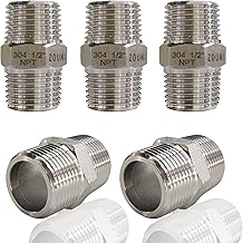ZOUNI 5PCS Hex Nipple 1/2" Male x 1/2" Male Pipe Fittings, 304 Stainless Steel NPT 1/2 inch Male Threaded Pipe Adapter Fittings Equal Nipples Connectors, Male Straight Connector Pipe Fitting