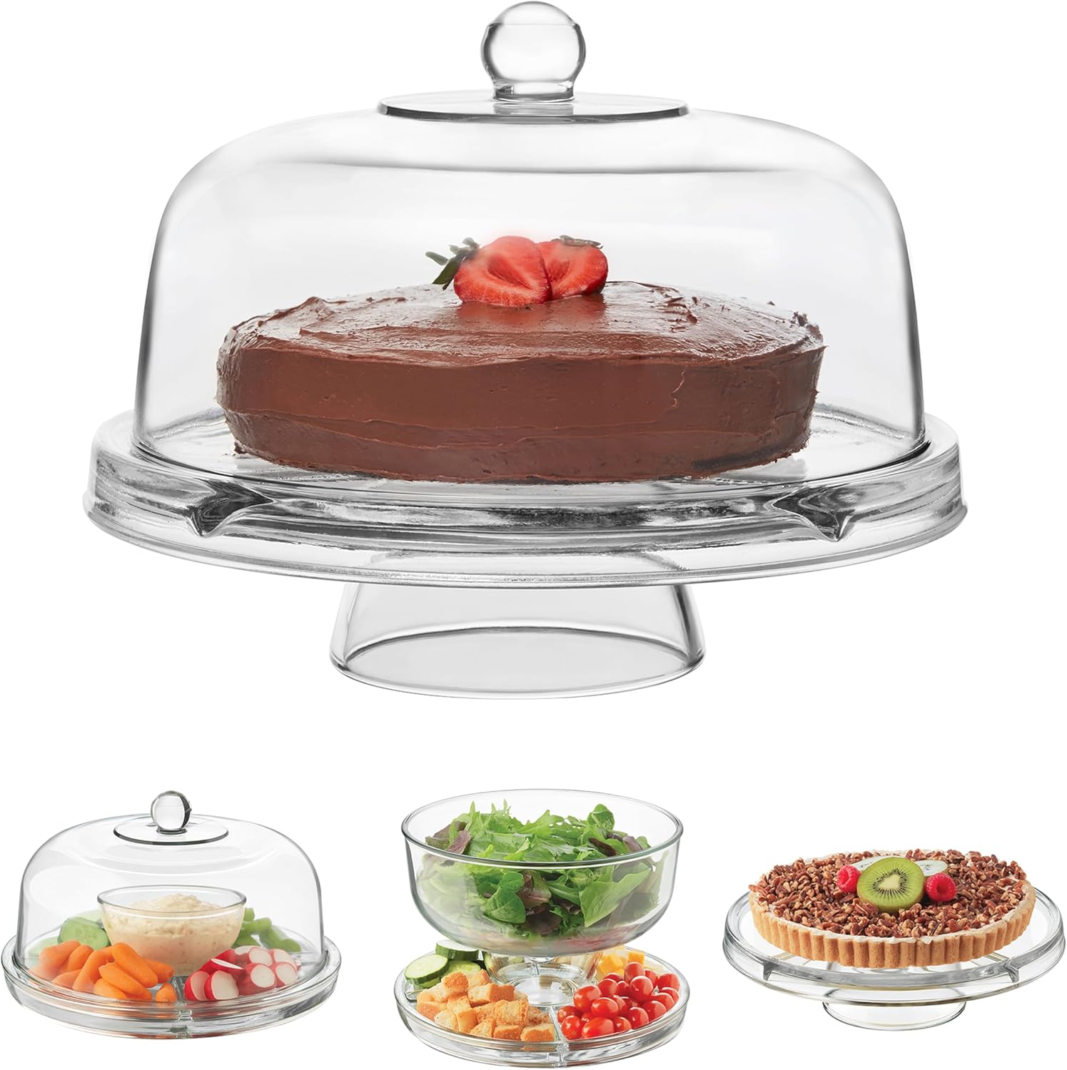 Libbey Selene 6 in 1 Cake Stand, Punch Bowl, Unique Space Saving Glass Cake Stand with Dome, Multi Purpose Cake Stand with Cover To Serve Snacks and More