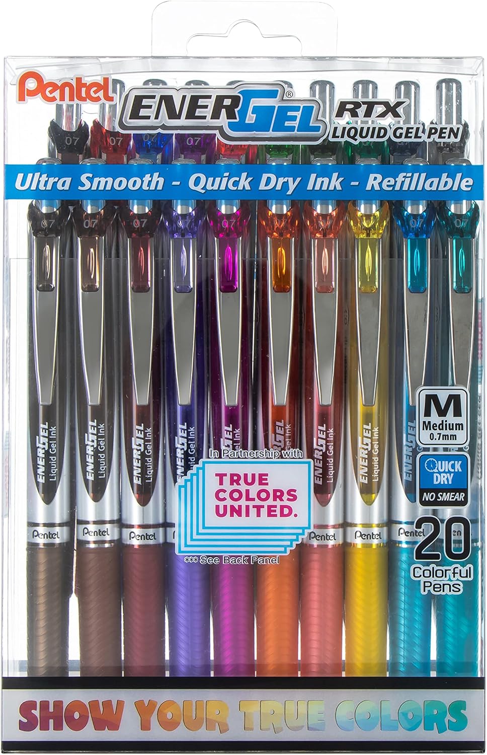 Pentel EnerGel RTX True Colors United (0.7mm) Medium Line, Assorted Ink, 20 Pack Box (BL77PC20MTCU)