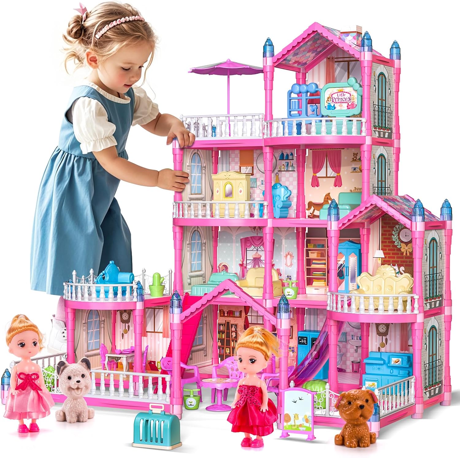 Doll House, 4-Story Dollhouse with Glow in The Dark, Girl Toys Doll House Playset with 2 Dolls, 12 Play Areas, Furniture & Accessories, Princess Gift Toys for Girls Ages 3 4 5 6 7 8 9+, Pink