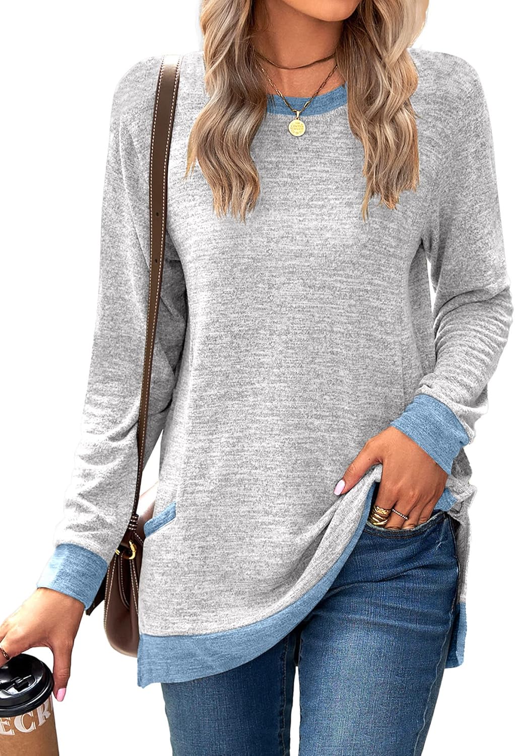 Famulily Ladies Longline Tops Color Block Jumper Sweatshirt Round Neck Long Sleeved Cotton T Shirts with Pockets