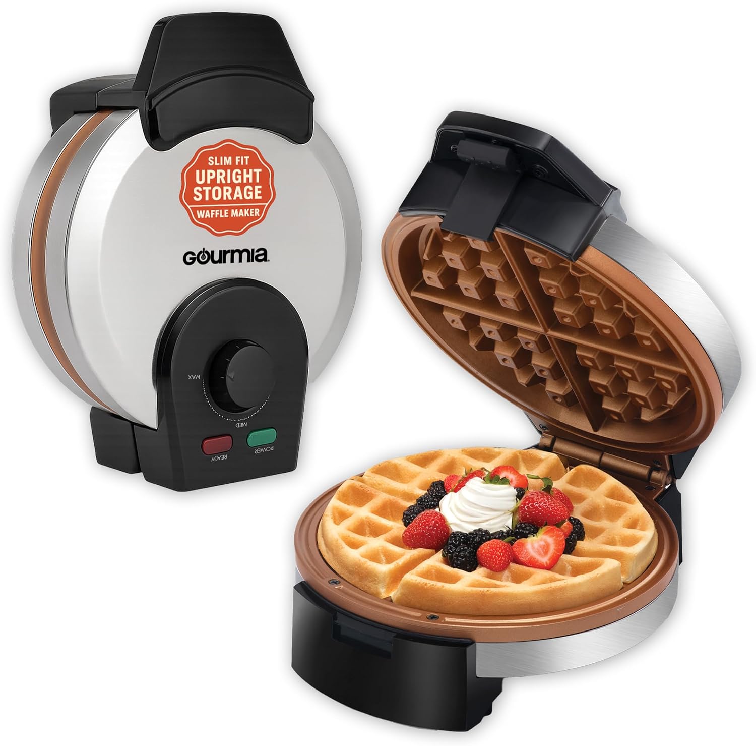 Gourmia Belgian Waffle Maker - Nonstick Ceramic Plates, Stainless Steel