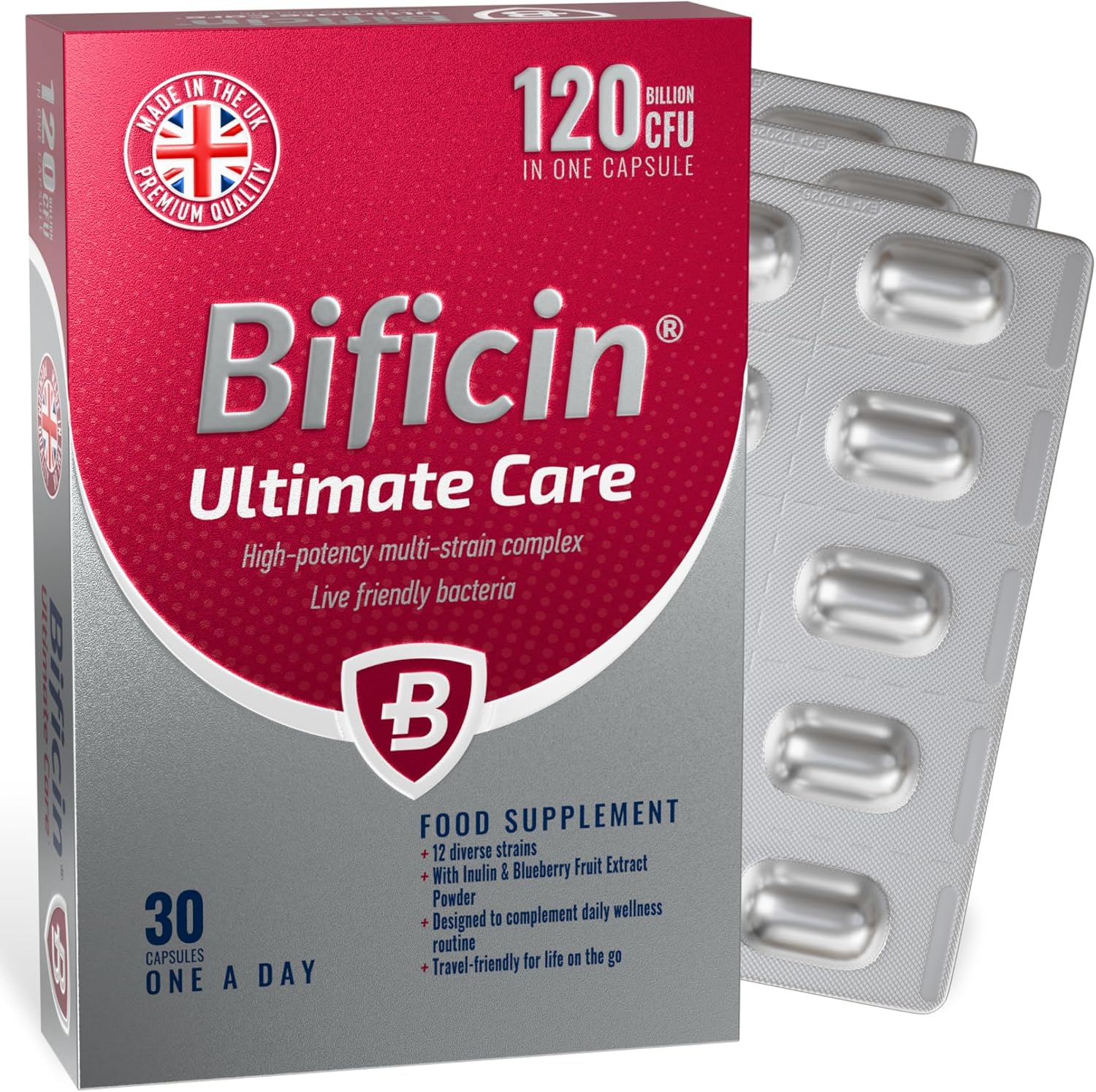 Ultimate Care – High Potency Probiotics and Prebiotics Complex for Gut Health, 30 Capsules - 120 Billion CFU - 12 Live Bacterial Cultures with Bifidobacterium & Lactobacillus