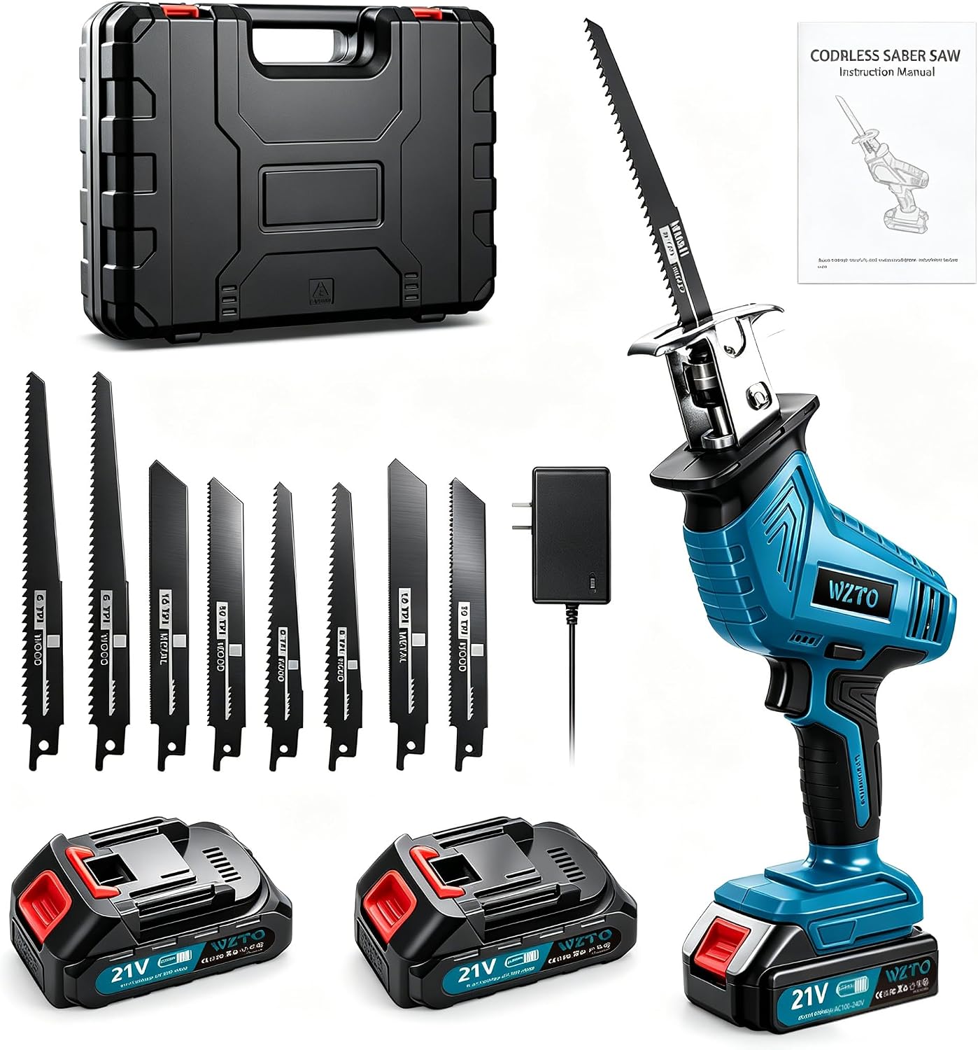 Blue Cordless Reciprocating Saw - 21V Electric Saw, 0-4000 RPM Variable Speed for PVC & Metal Cutting with 2 Batteries & 8 Blades