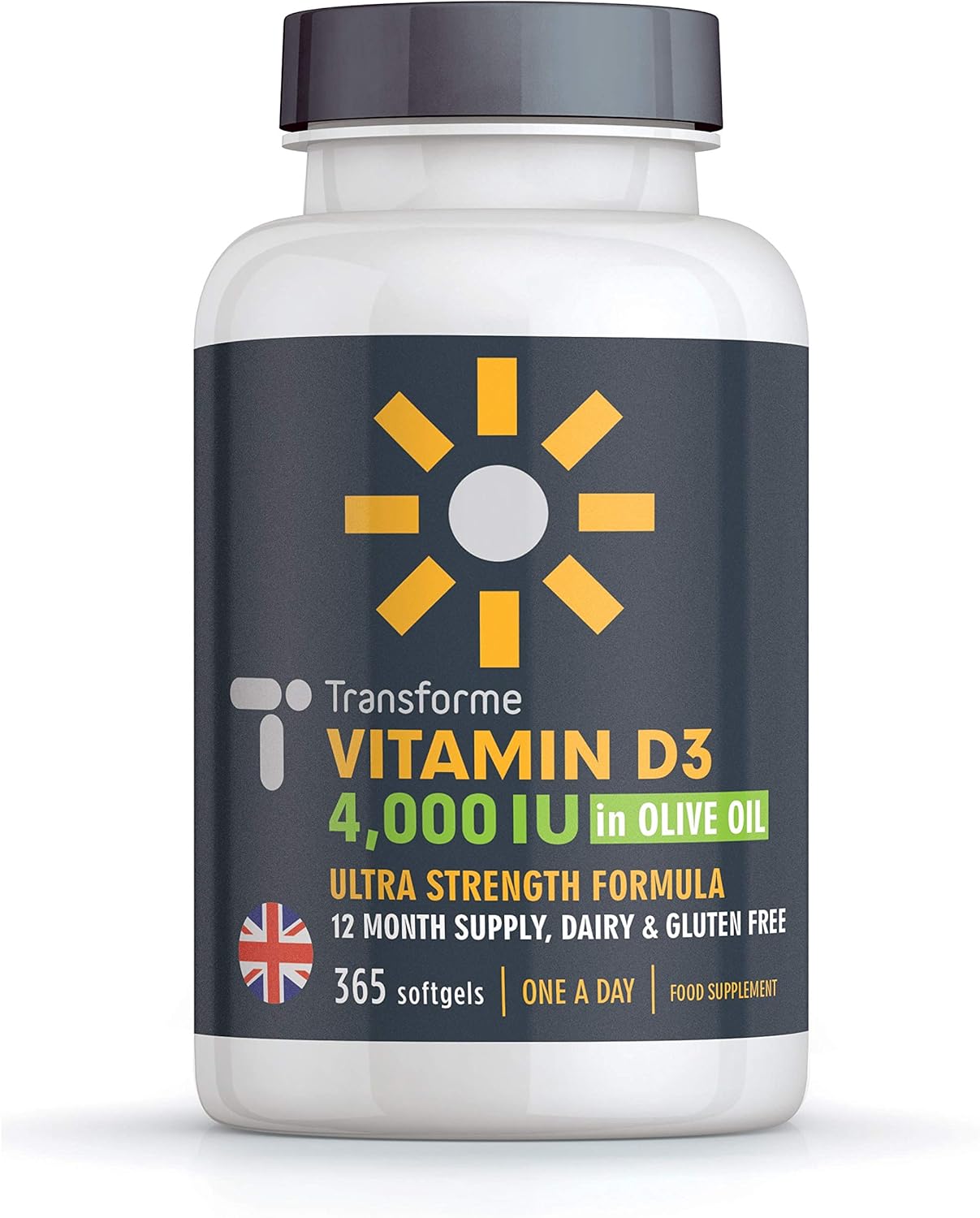 Transforme Vitamin D3 4000 IU in Olive Oil, 365 Capsules 1 Year Supply, Maximum Strength High Absorption Softgels, Easy to Swallow Quadruple Strength Vitamin D Cholecalciferol - Not Tablets