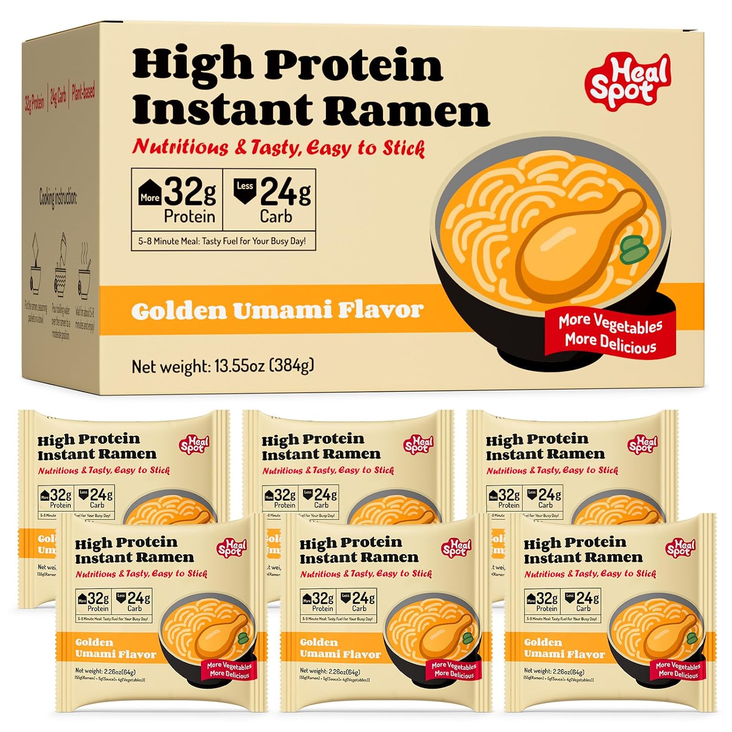 HealSpot High Protein Instant Ramen, 6 Pack Non Fried Ramen Broth, 32g Plant Based Protein, Low Fat, Low Carb, Non GMO, Keto Friendly & Plant Based(Golden-Chicken)