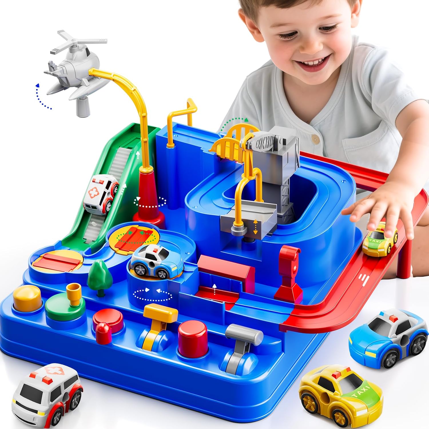 Car Race Track for Kids Ages 4-8, Kids Car Toys for 3 Year Old Boys, Race Track for Toddlers 1-3, City Set with 3 Small Cars and Helicopter, Educational Birthday Gifts