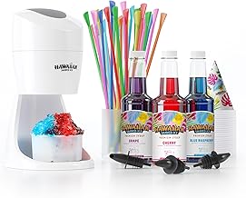 Hawaiian Fluffy Shaved Ice Maker Kit - Home Snow-Like Dessert Machine for Kids with Cherry, Grape, Blue Raspberry Syrups - 25 Cups, Spoon Straws & Bottle Pourers - Silky Smooth Frozen Treat System