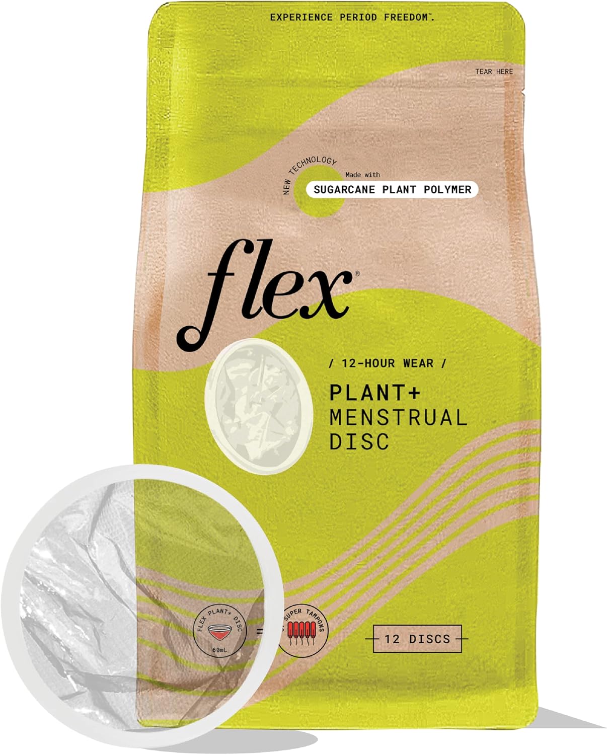 Flex Plant Plus Disc | Plant-Based Disposable Period Discs | Tampon and Cup Alternative | Capacity of 5 Super Tampons | Menstrual Disc Made with Sustainable Medical-Grade Plant Polymers | 12 Count