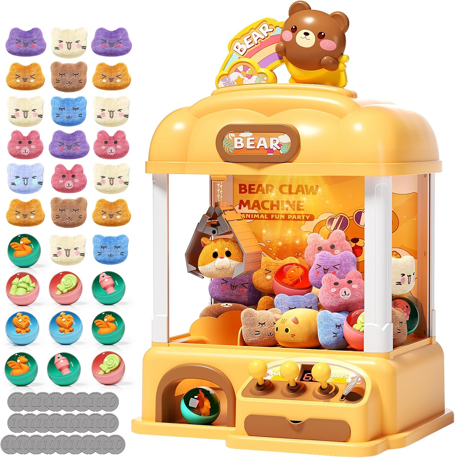55 PCS Large Bear Kids Claw Machine,Candy Vending Grabber,Prize Dispenser Toys for Girls and Boys,Electronic Game Machine Party Birthdays with Lights Sound,Includes 30 Toys and 25 Game Coins