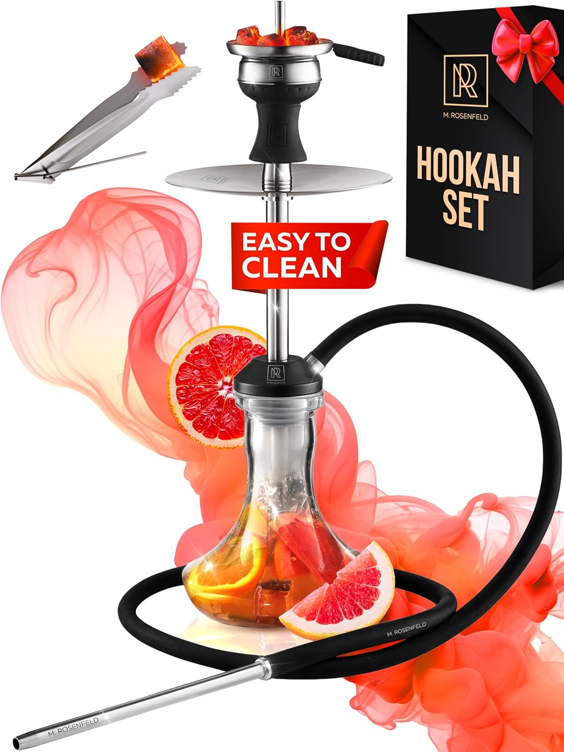 Stainless Steel Hookah Set With Everything – 16in SSS Glass Hookah Set with Vertical Purge and Accessories - Glass Base, Silicone Hose, Big Shisha Bowl, Perfect for Home & Parties