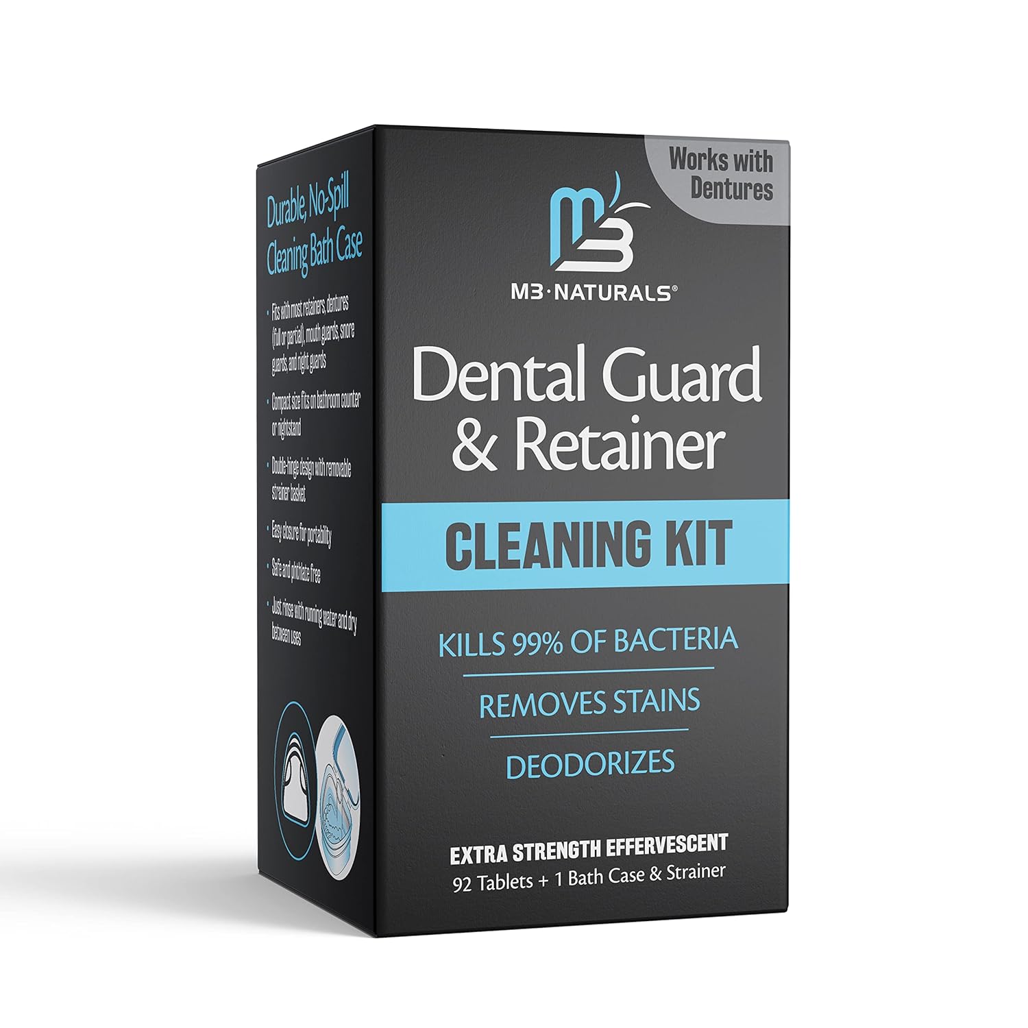 M3 Naturals Retainer Cleaner and Soak Container, No-Mess Cleaning Tablets with Universal Denture Bath Case and Strainer, Multipurpose, for Mouth Guard Stains, Odor, and Plaque