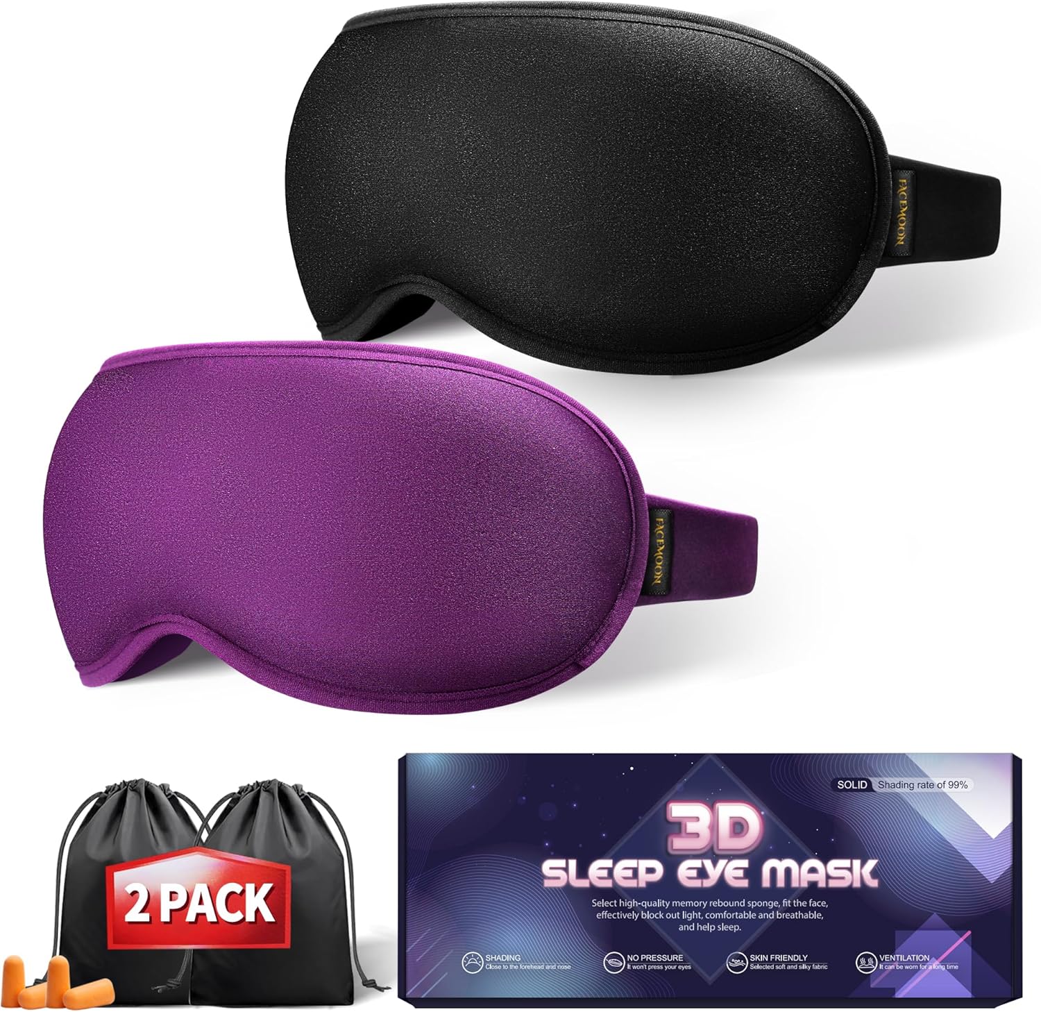 Weighted Sleep Mask 2 Pack - 3D Contoured Eye Masks for Sleep, Best Blackout Sleep Masks for Women Men, Eye Mask for Travel, Meditation, Airplane, Memory Foam, Adjustable Strap, Black Purple