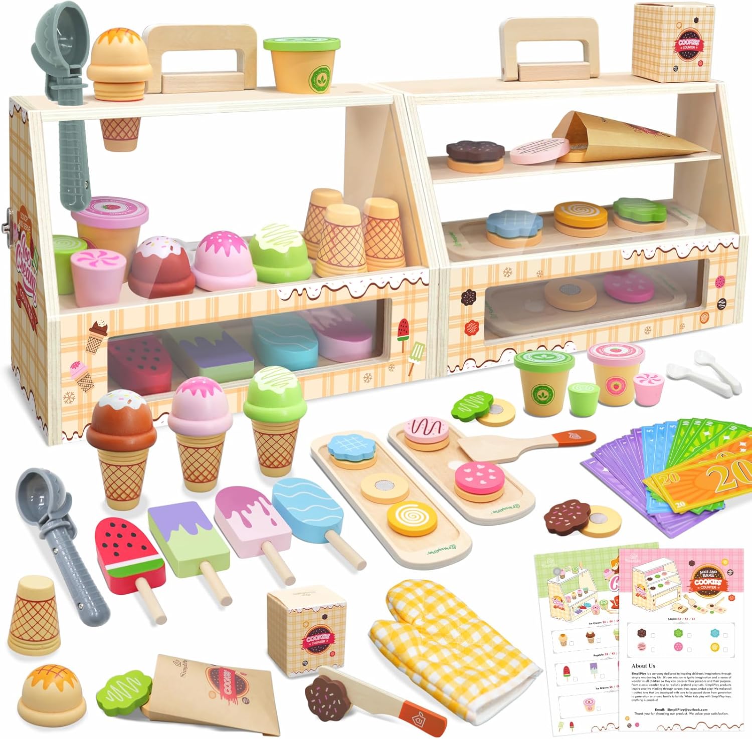2 in 1 Portable Wooden Ice Cream Toy & Cookie Play Set (63pcs), Slice and Bake Cookies, Scoop and Serve Ice Cream Counter with Pretend Play Food, Play Kitchen Accessories, Kids Gift Ages 3+