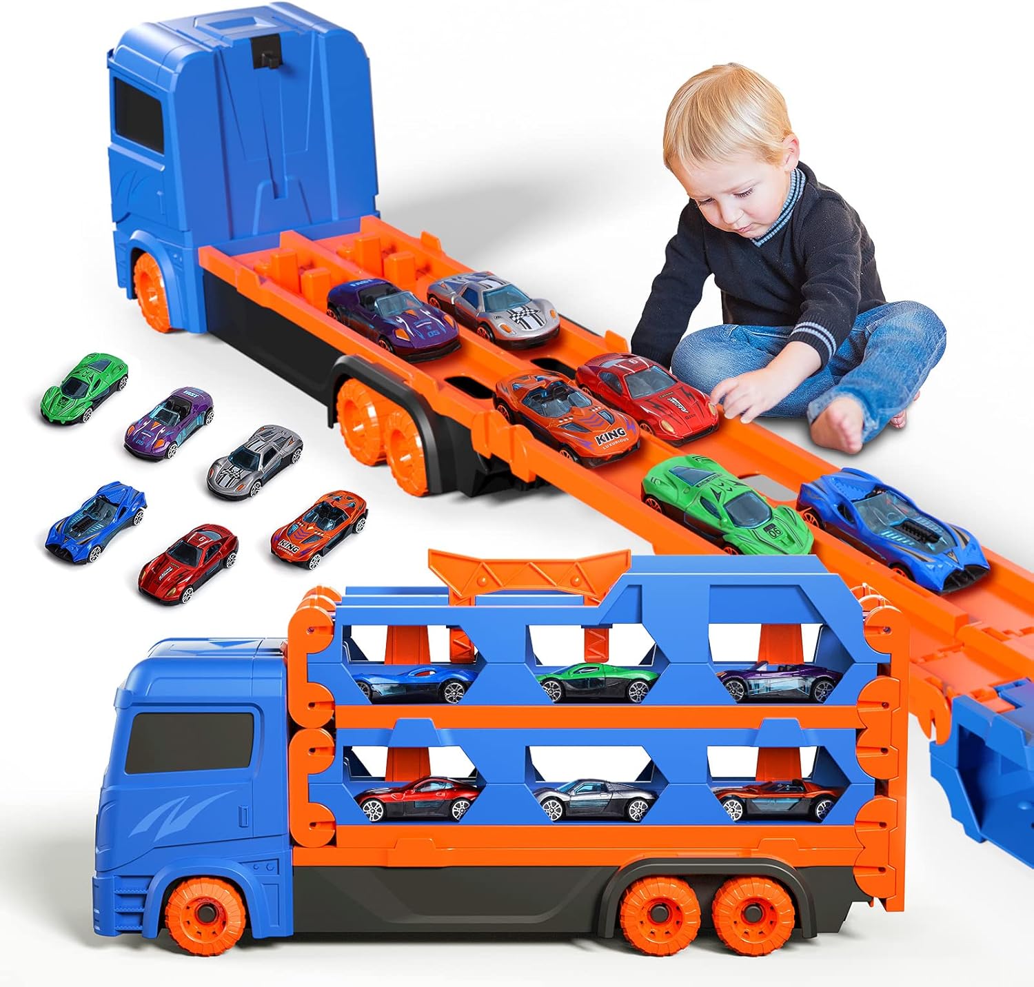 Toddler Toys for 2 3 4 5 6 Years Old Boys, Die-Cast Transport Truck Car Toys 61-Inch Race Track for Boys Kids, Toddler Car Toys Set for Kids Boys Girls