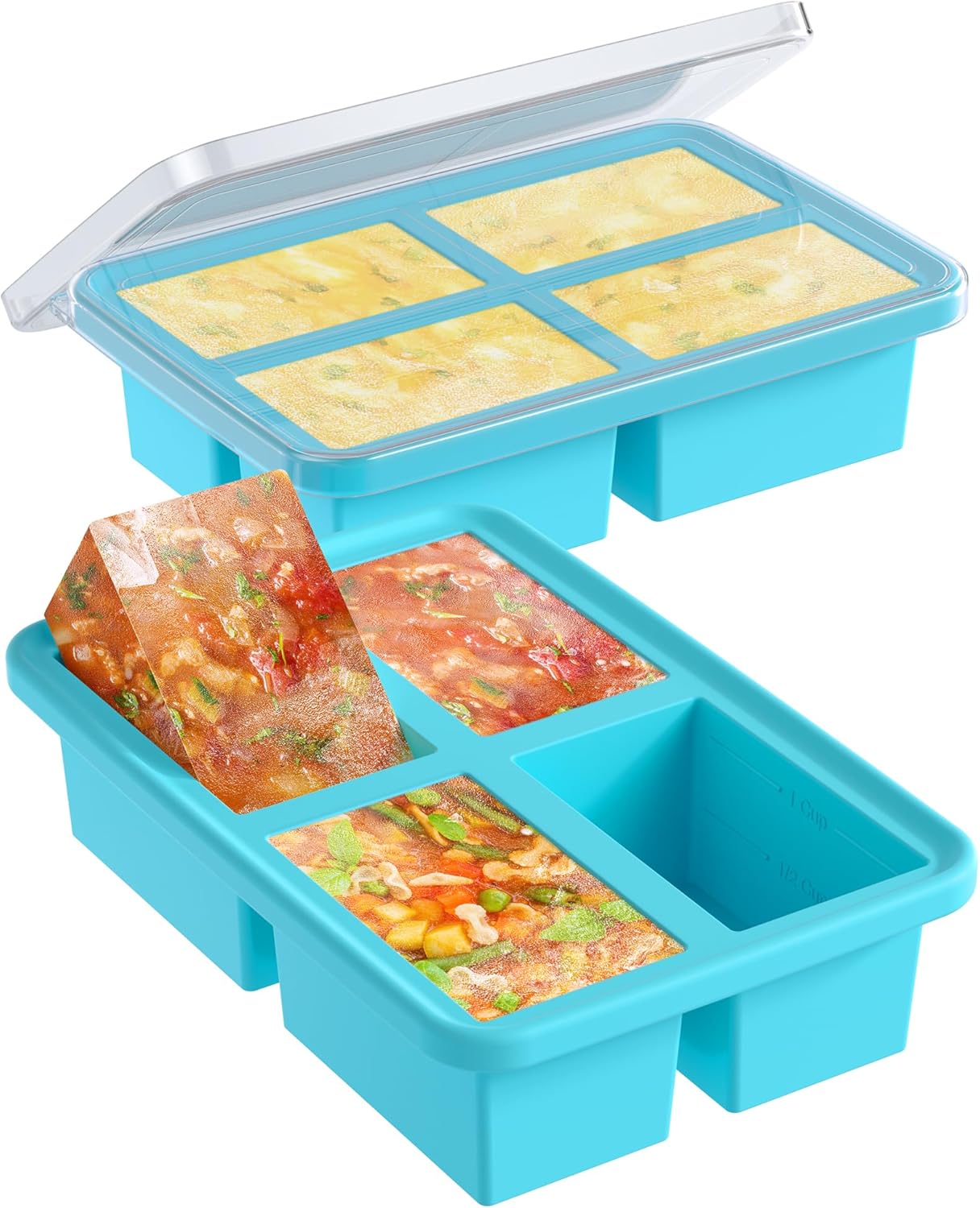 1 Cup Silicone Freezer Trays with Lid, 2 Pcs Ice Cube Freezer Molds, Silicone Ice Cube Tray, Easy Meal Prep, Silicone Mold for Soup and Food Storage