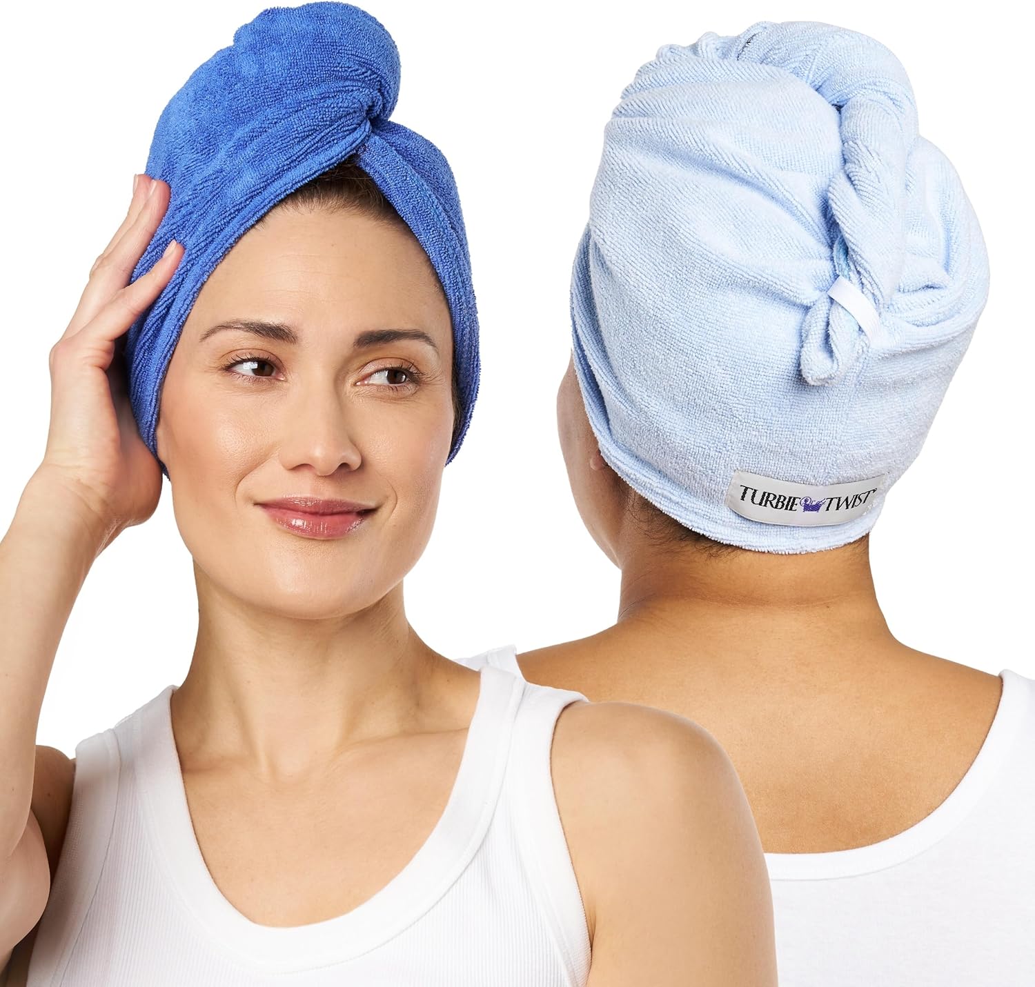 Turbie Twist 2-Pack Microfiber Hair Towel for Beauty, Travel, Gifting - Wrap Turban for Straight, Wavy & Curly Hair - Premium Personal Care - Dazzling Blue & Windsurfer