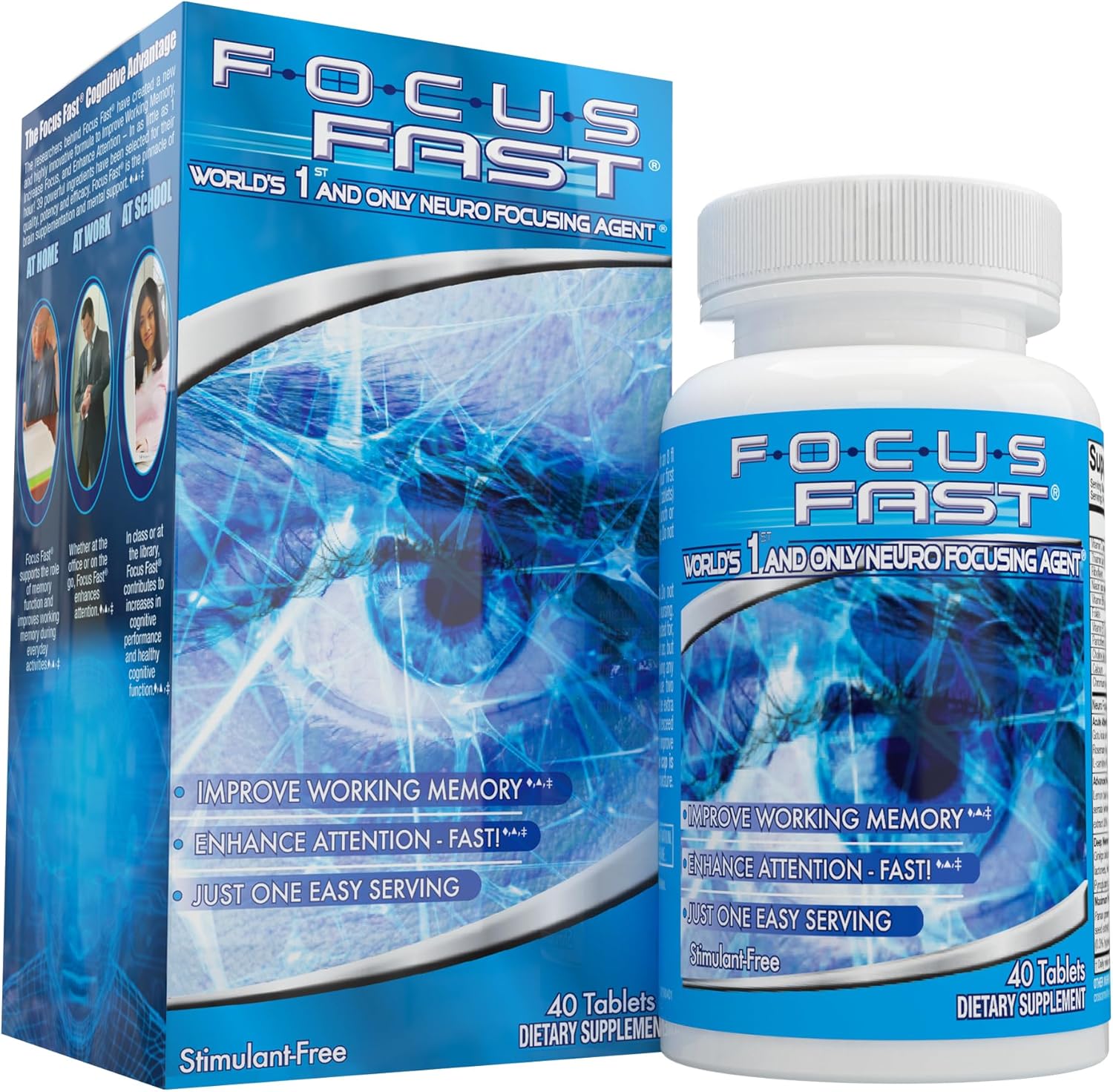 Focus Fast Brain Supplement - Improve Working Memory, Enhance Focus, Boost Cognition in as Little as 1 Hour, Caffeine/Stimulant Free Nootropic
