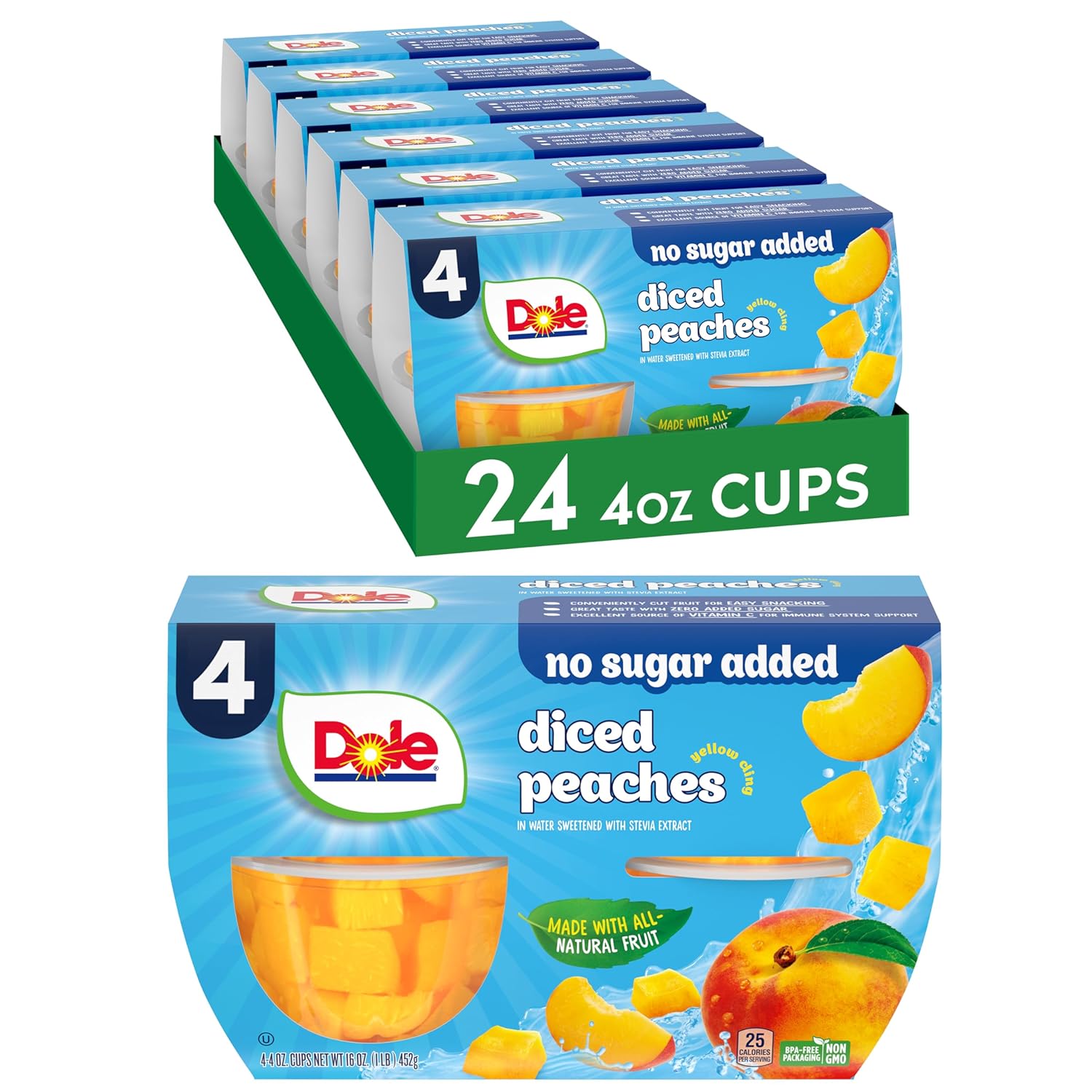 Dole Fruit Bowls No Sugar Added Snacks, Diced Peaches 4oz 24 Cups, Gluten & Dairy Free, Bulk Lunch Snacks for Kids & Adults