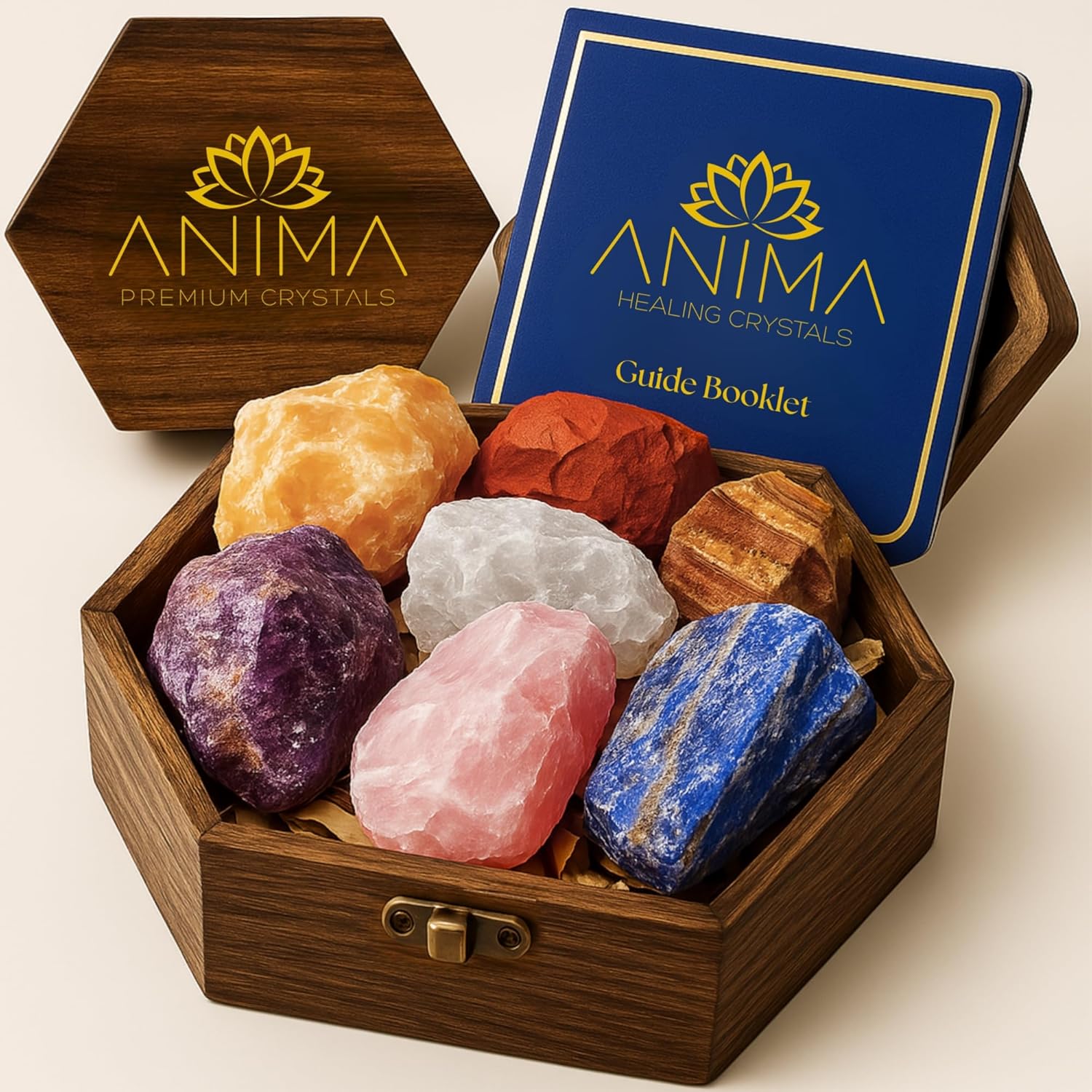 Anima Premium 7 Chakra Crystals Set – Perfect Spiritual Gifts for Women with Large Raw Rose Quartz, Amethyst and Lapis Lazuli Crystals in Wooden Box with Guide Booklet