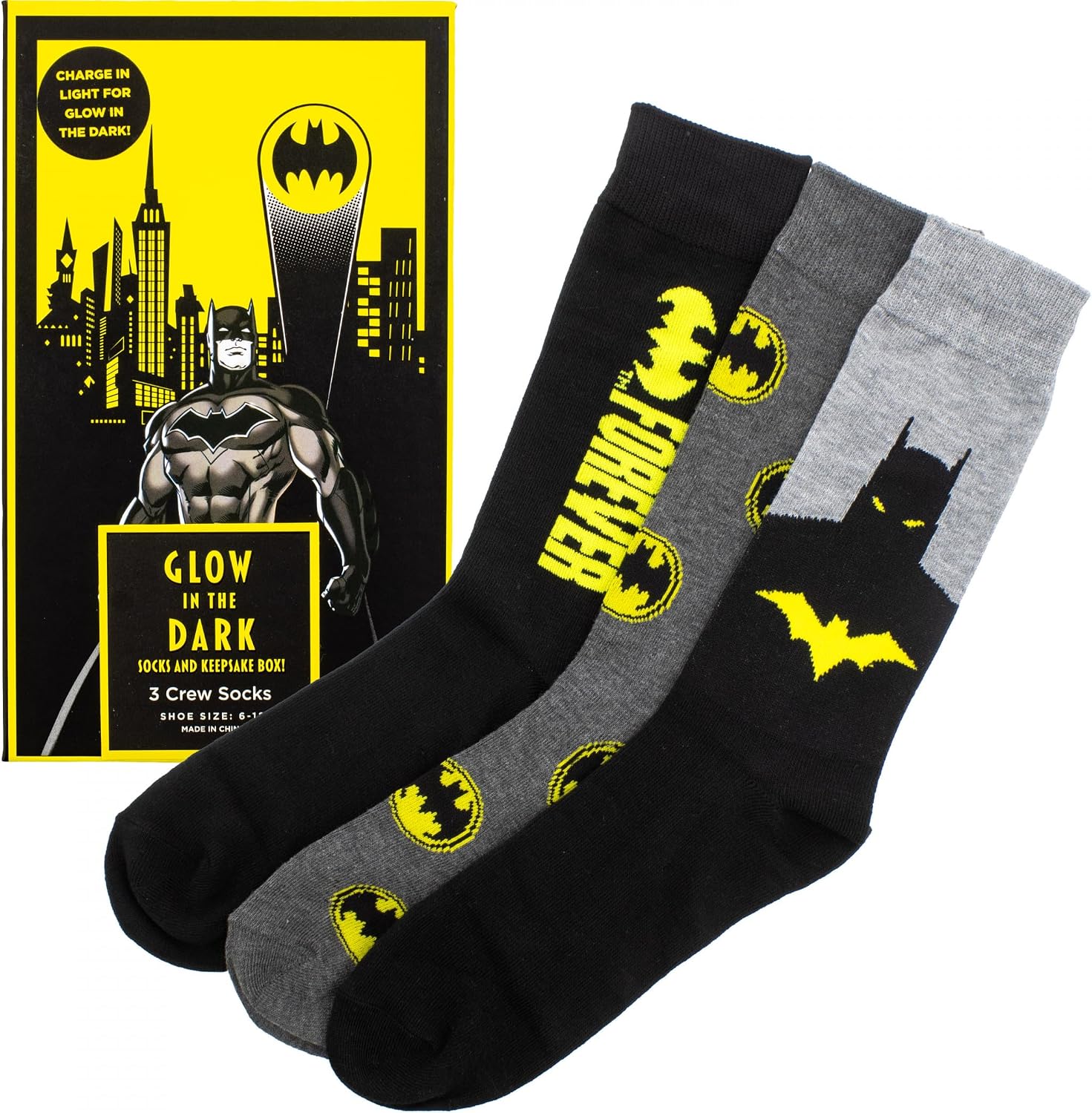 Centric Brands Batman 85 Years 3-Pair Crew Socks in Glow in The Dark Box
