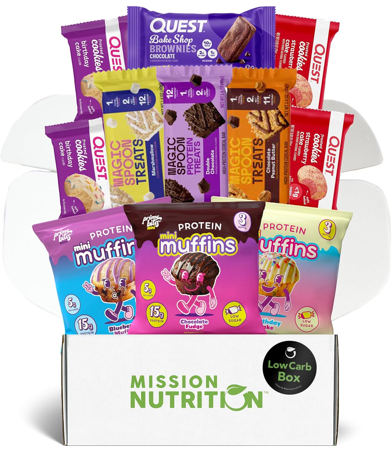 Prime Bites Mini Protein Muffins, Magic Spoon Treats Bar, Quest Brownie & Frosted Cookies - High Protein, Low Sugar, Low Carb - Variety Snack Box