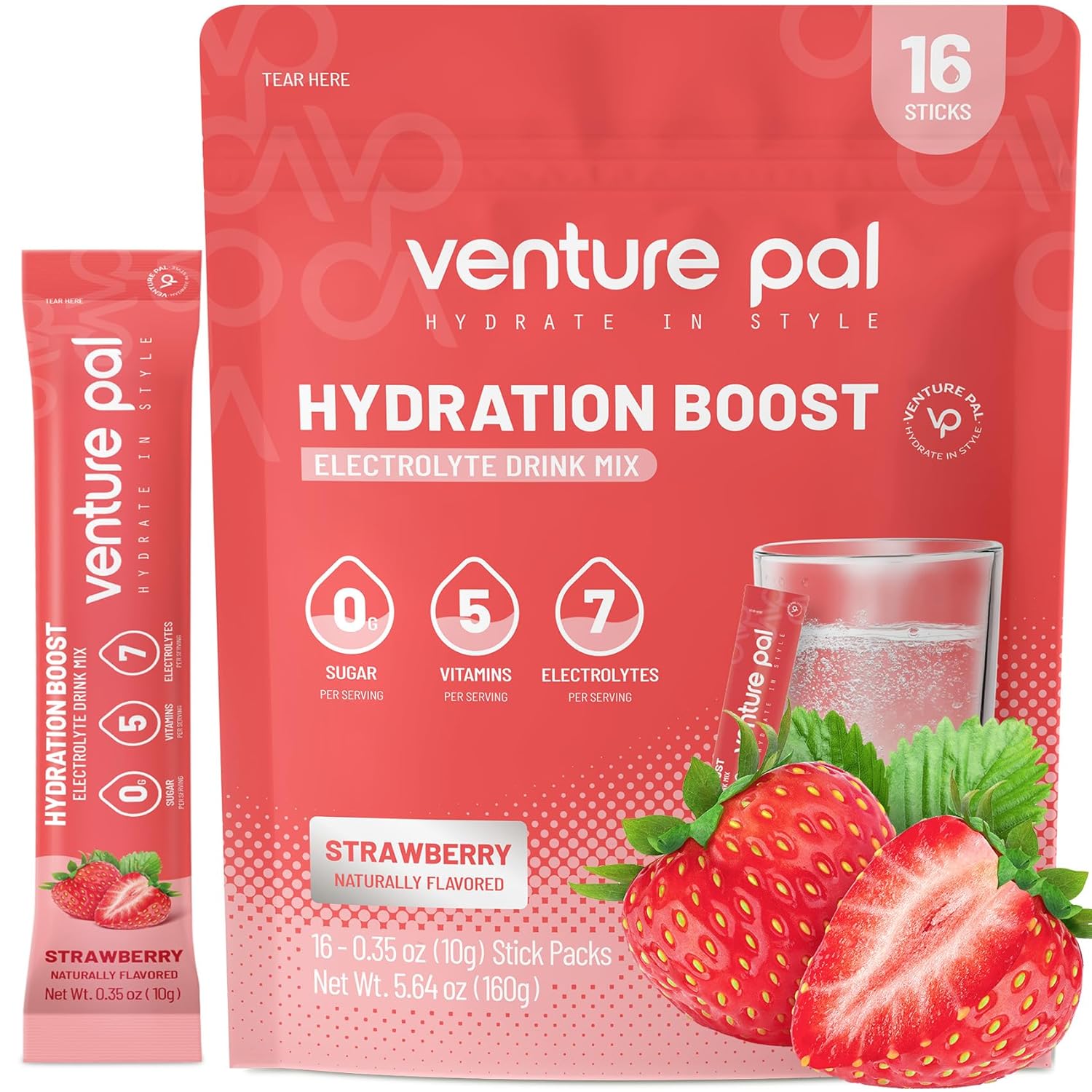 Venture Pal Sugar Free Electrolyte Powder Packets - Liquid Daily IV Drink Mix for Rapid Hydration & Party Recovery | 5 Vitamins & 7 Electrolytes| Keto Friendly | Non-GMO | Certified Vegan | 16 Sticks