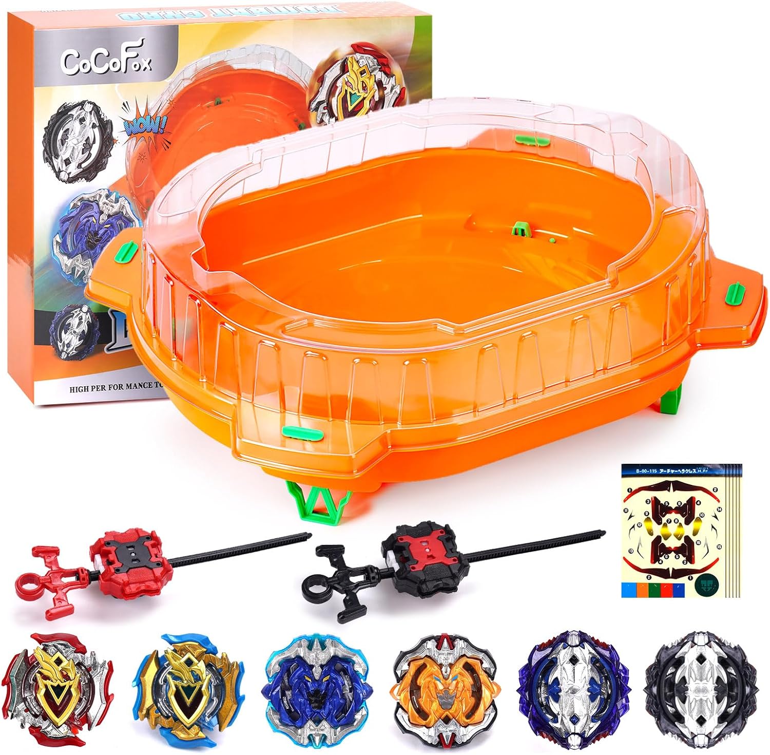 COCOFOX Battling Top Burst Toy Set, 6 Battling Tops 2 Launchers and 1 Stadium, Toys for 6 Year Old Boys & Girls & Up(Orange)