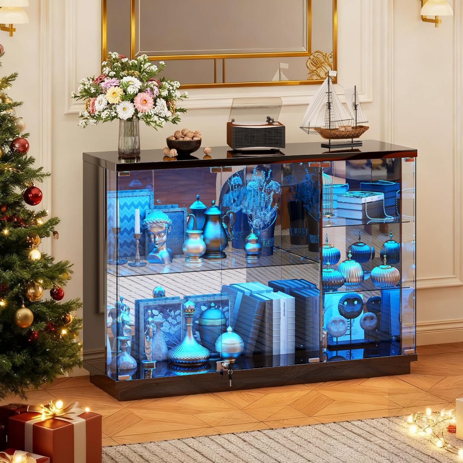 HNEBC Lockable Display Curio Cabinet with Glass Door,47.2" W Glass Display Cabinet with 3 Color Lights for Collectibles,5-Tier Lighted Display Case with Human Sensor,Living Room,Black