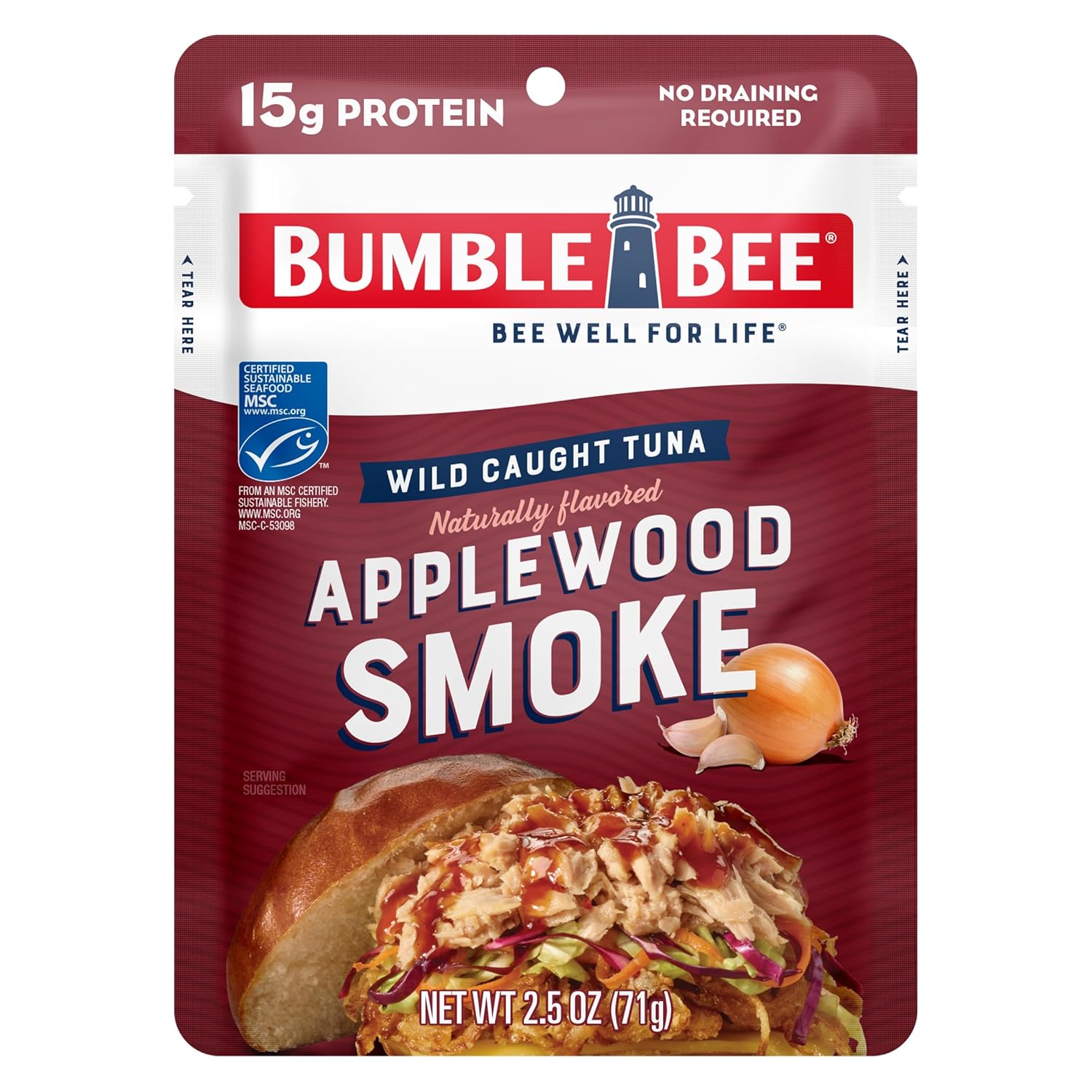 Bumble Bee Applewood Smoke Seasoned Tuna, 2.5 oz Pouch - Ready to Eat - Wild Caught Tuna Packet - 15g Protein per Serving - Gluten Free